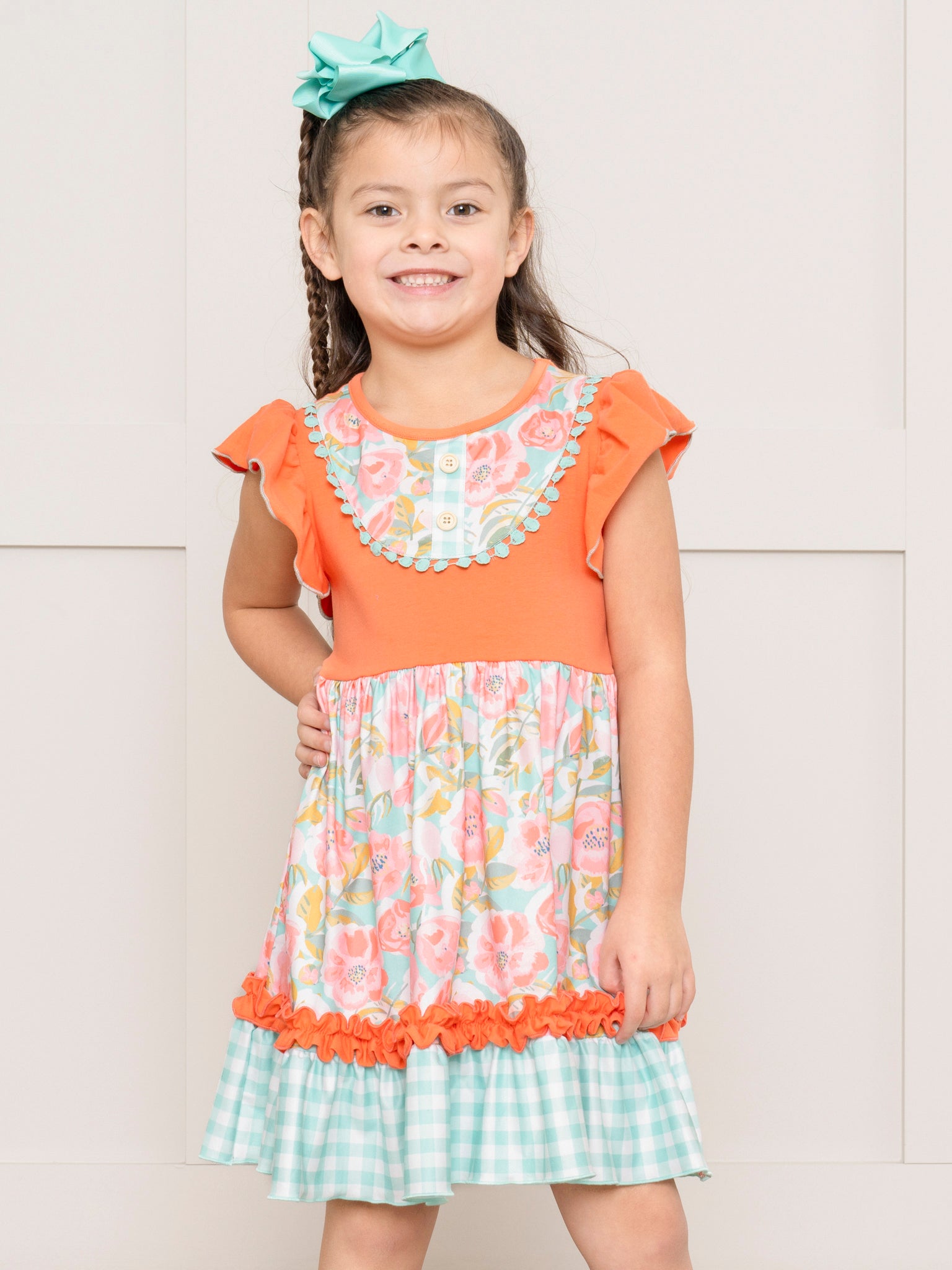 Teal & Orange Watercolor Florals Ruffle Dress - Marie Nicole Clothing