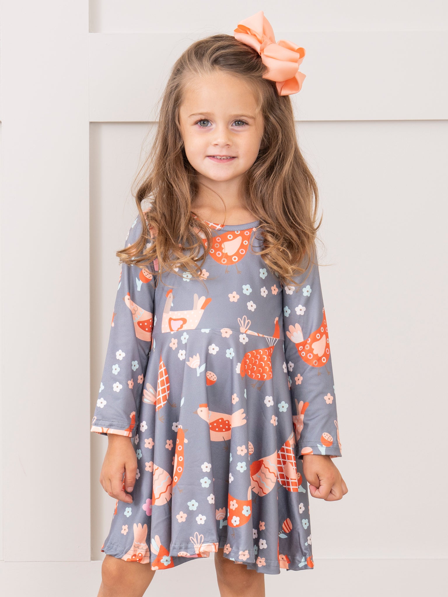 Grey & Orange Chickens Swing Dress - Marie Nicole Clothing