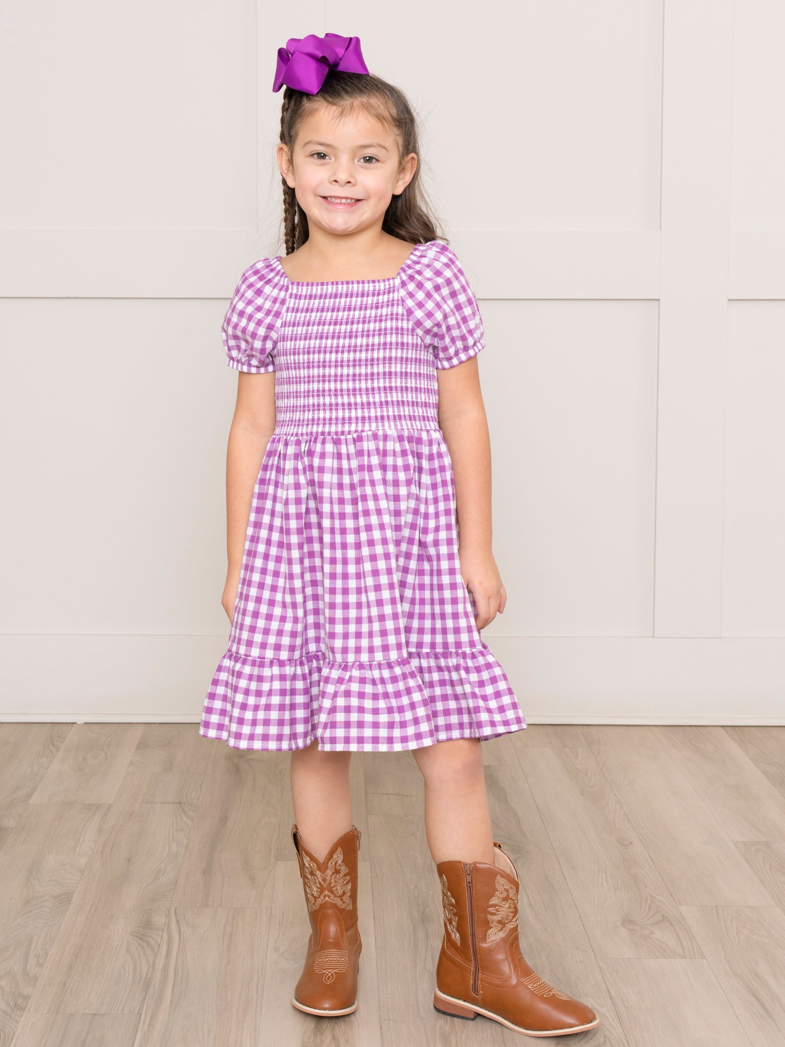 Purple Gingham Smocked Ruffle Dress - Marie Nicole Clothing