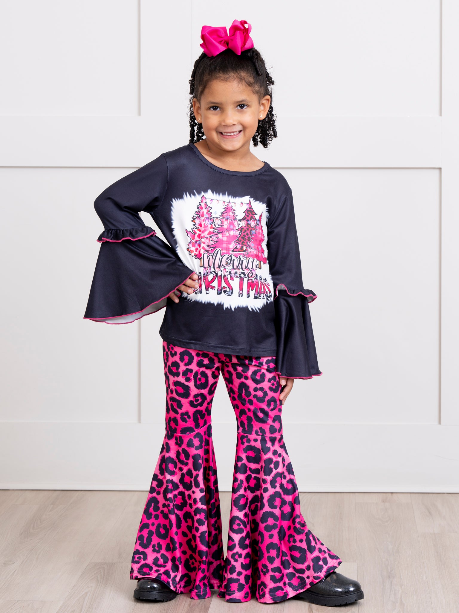 Pink Leopard "Merry Christmas" Bell Bottom Outfit - Marie Nicole Clothing
