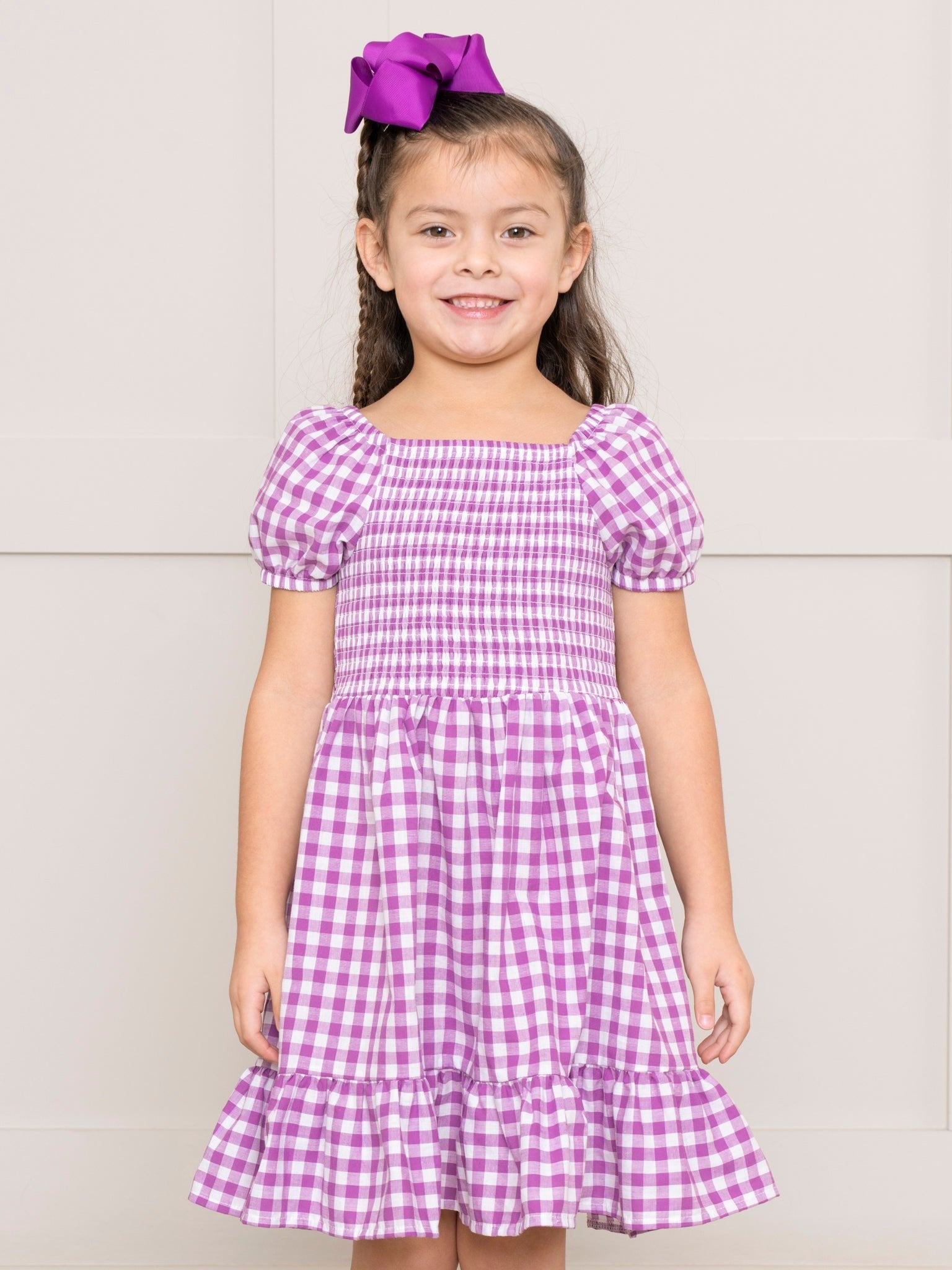 Purple Gingham Smocked Ruffle Dress - Marie Nicole Clothing