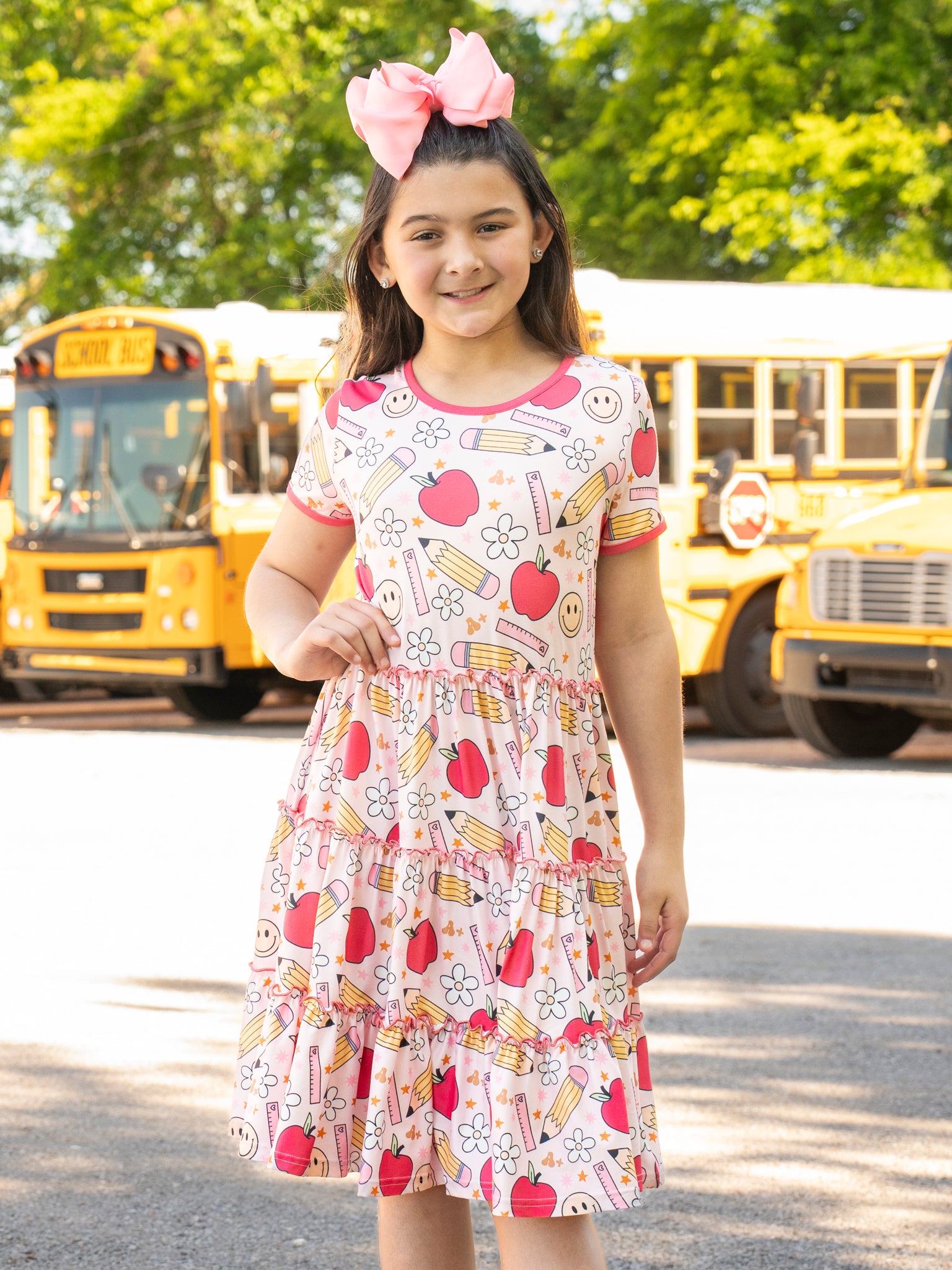 Pink Apples & Pencils Tiered Ruffle Dress - Marie Nicole Clothing