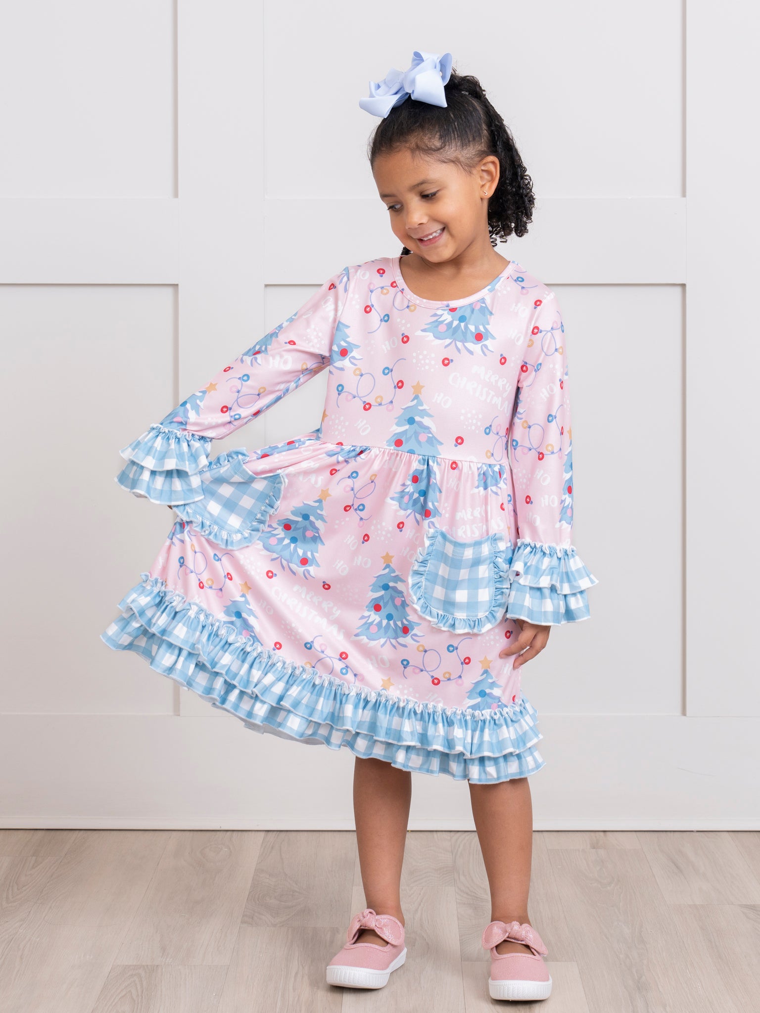 Blue Gingham Holiday Fun Ruffle Dress - Marie Nicole Clothing
