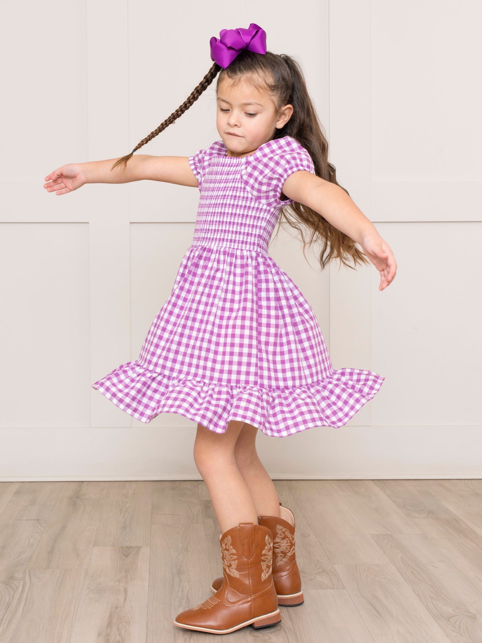 Purple Gingham Smocked Ruffle Dress - Marie Nicole Clothing