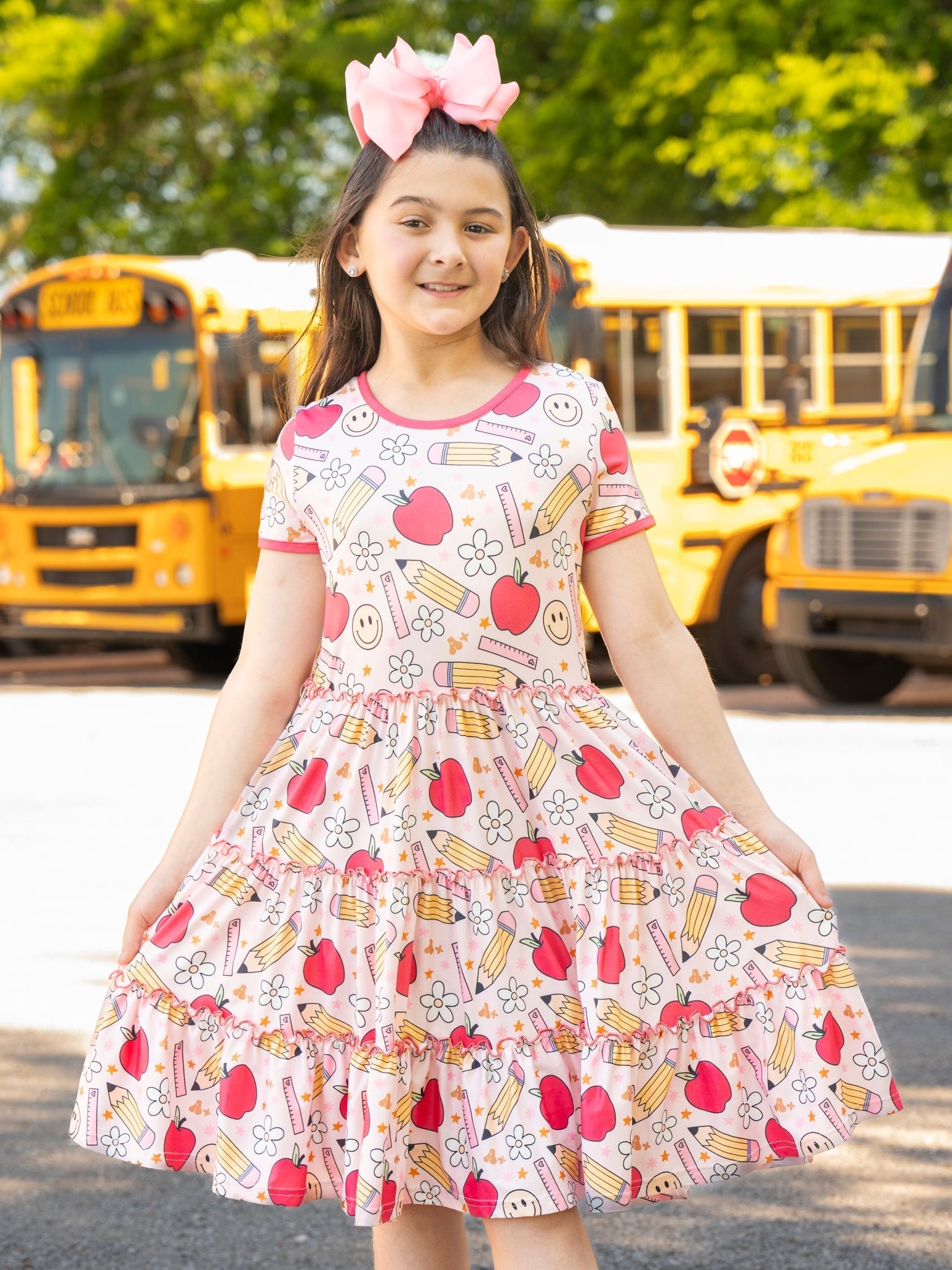 Pink Apples & Pencils Tiered Ruffle Dress - Marie Nicole Clothing