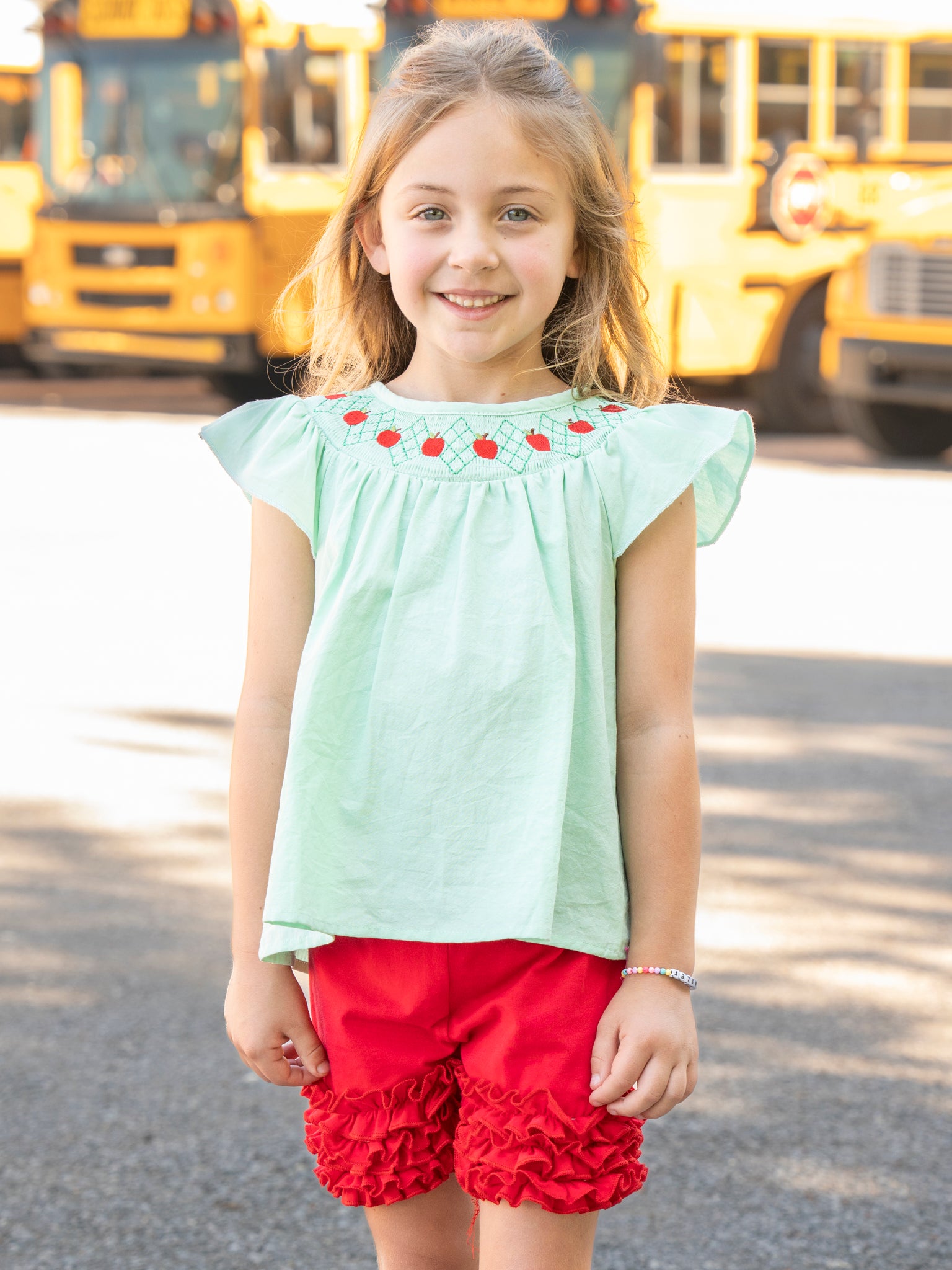 Turquoise Smocked Apples Ruffle Outfit - Marie Nicole Clothing