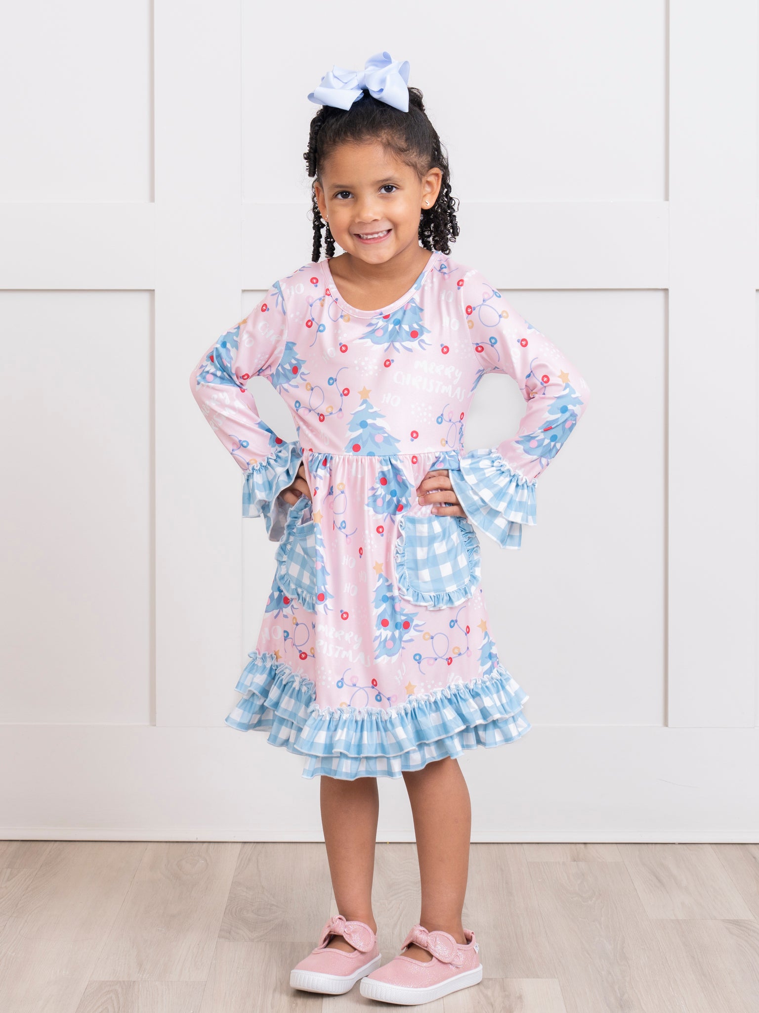 Blue Gingham Holiday Fun Ruffle Dress - Marie Nicole Clothing