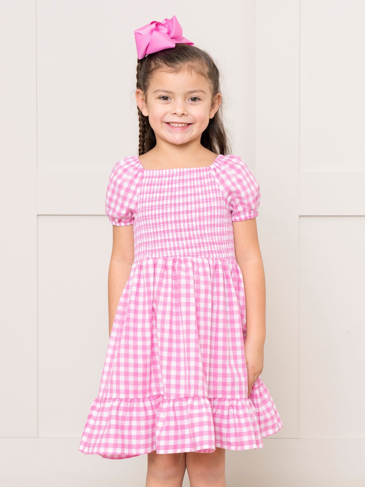 Hot Pink Gingham Smocked Ruffle Dress - Marie Nicole Clothing