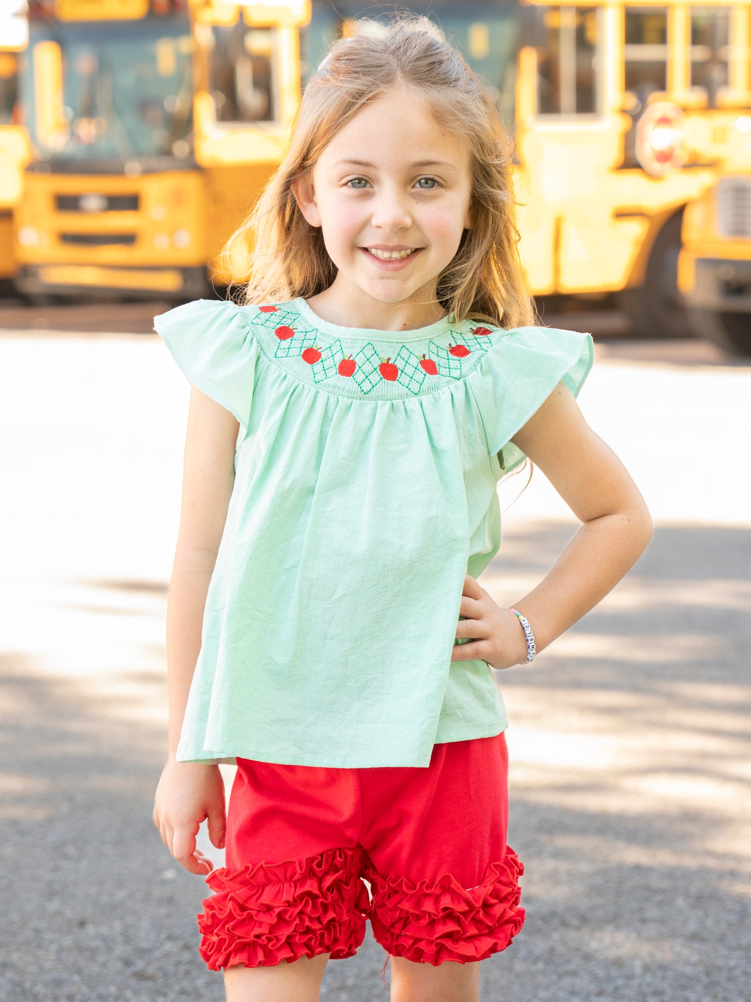 Turquoise Smocked Apples Ruffle Outfit - Marie Nicole Clothing