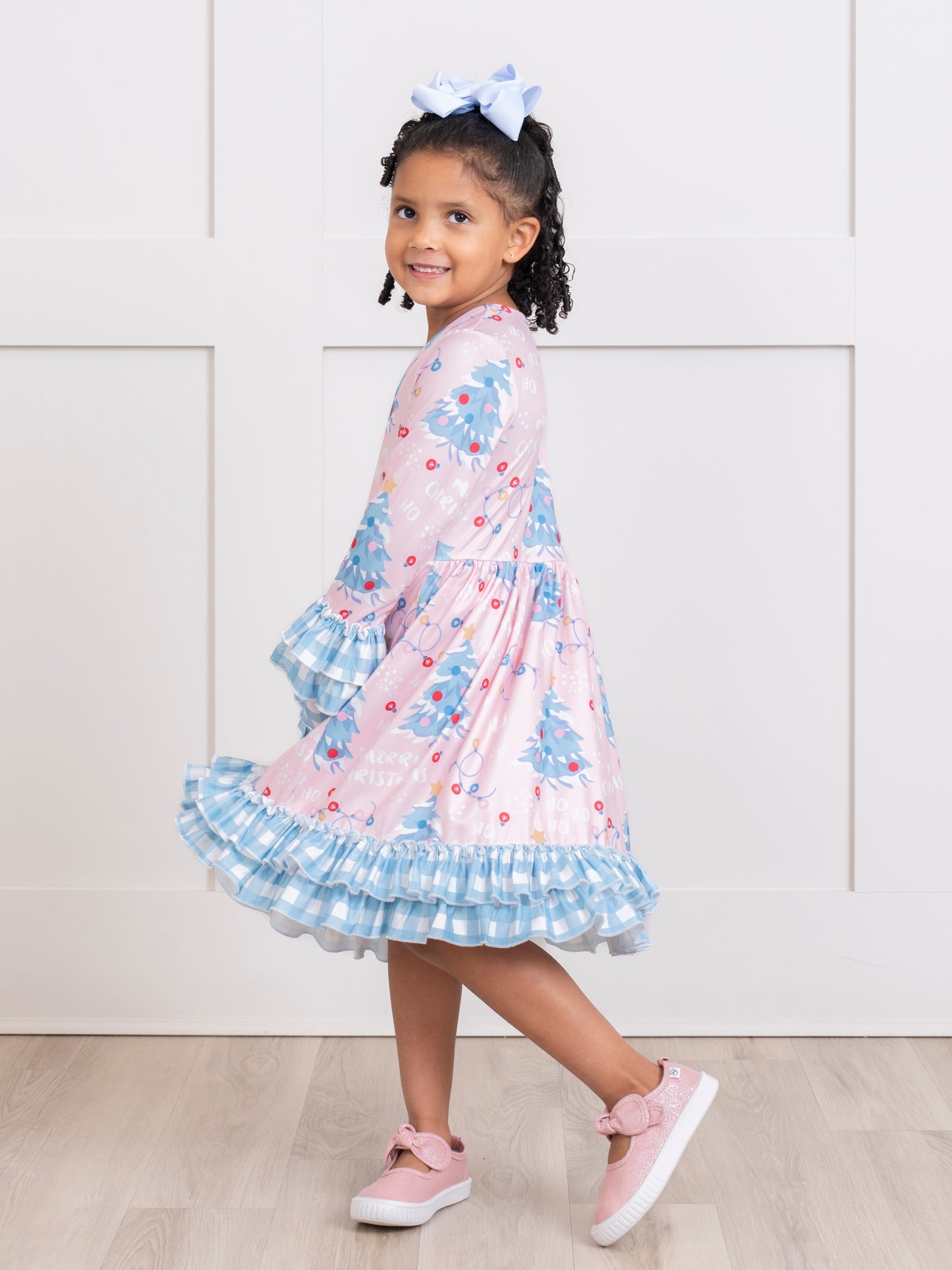 Blue Gingham Holiday Fun Ruffle Dress - Marie Nicole Clothing