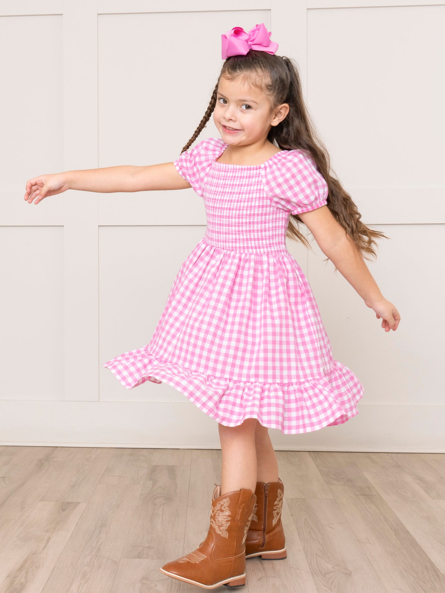Hot Pink Gingham Smocked Ruffle Dress - Marie Nicole Clothing