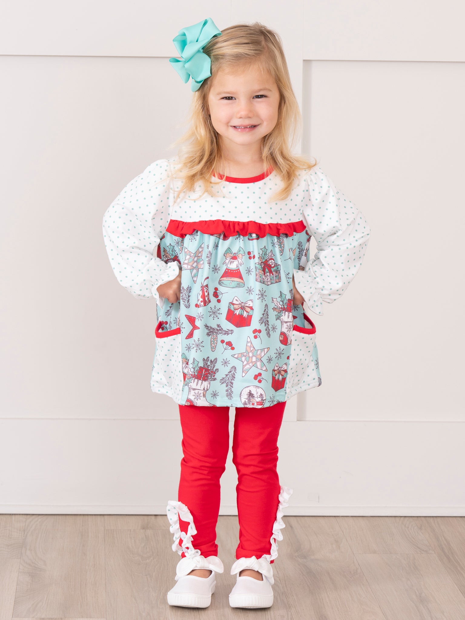 Teal & Red Holiday Joy Ruffle Outfit - Marie Nicole Clothing