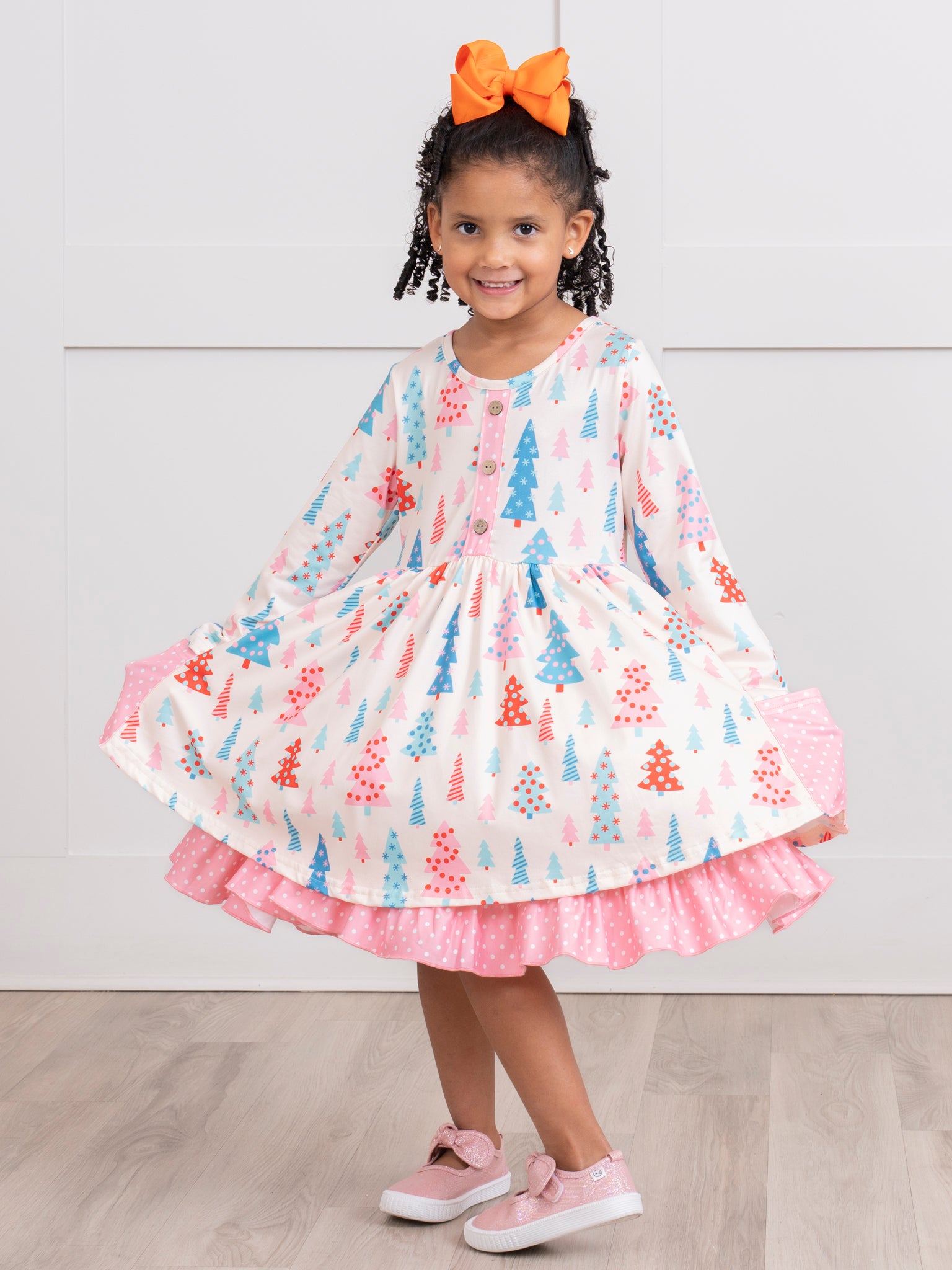 Pink Polka Dot Whimsical Trees Ruffle Dress - Marie Nicole Clothing