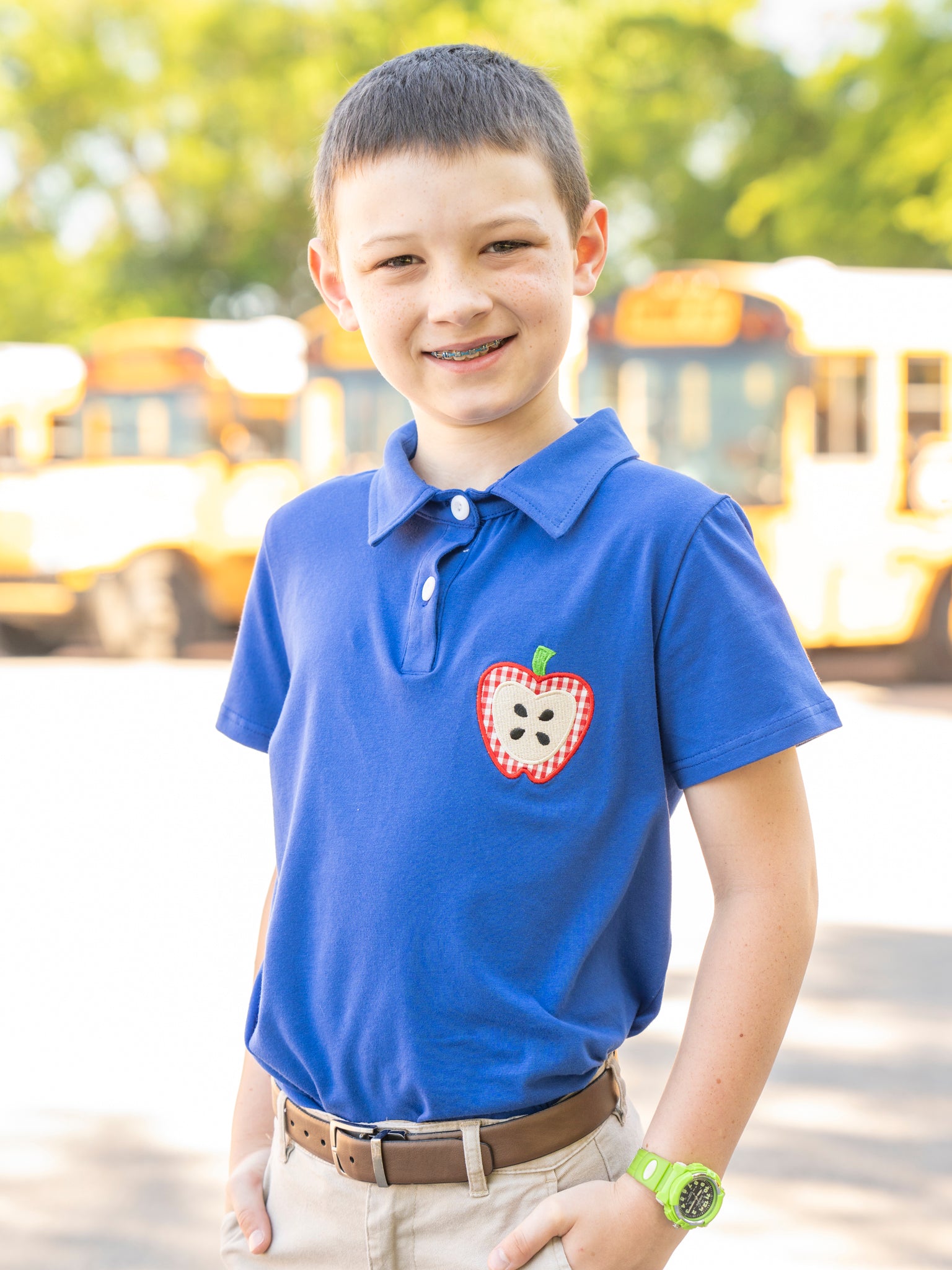 Royal Blue Embroidered Apples Polo Shirt - Marie Nicole Clothing