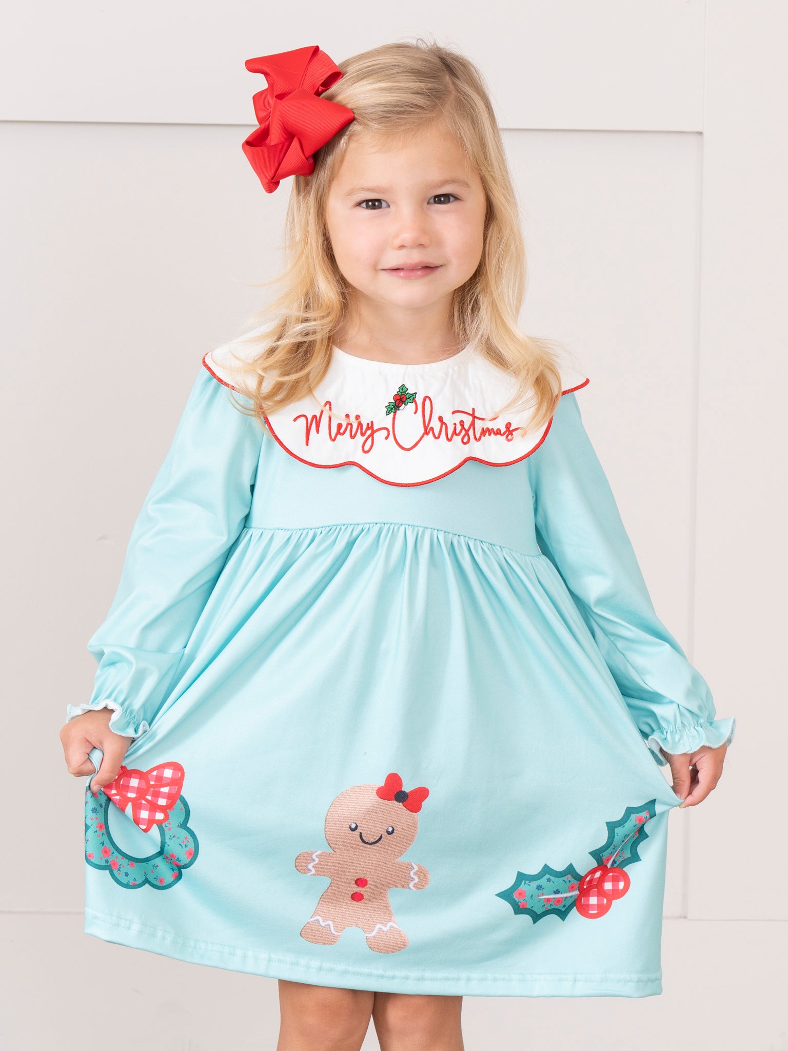 Teal & Red Gingham "Merry Christmas" Dress - Marie Nicole Clothing