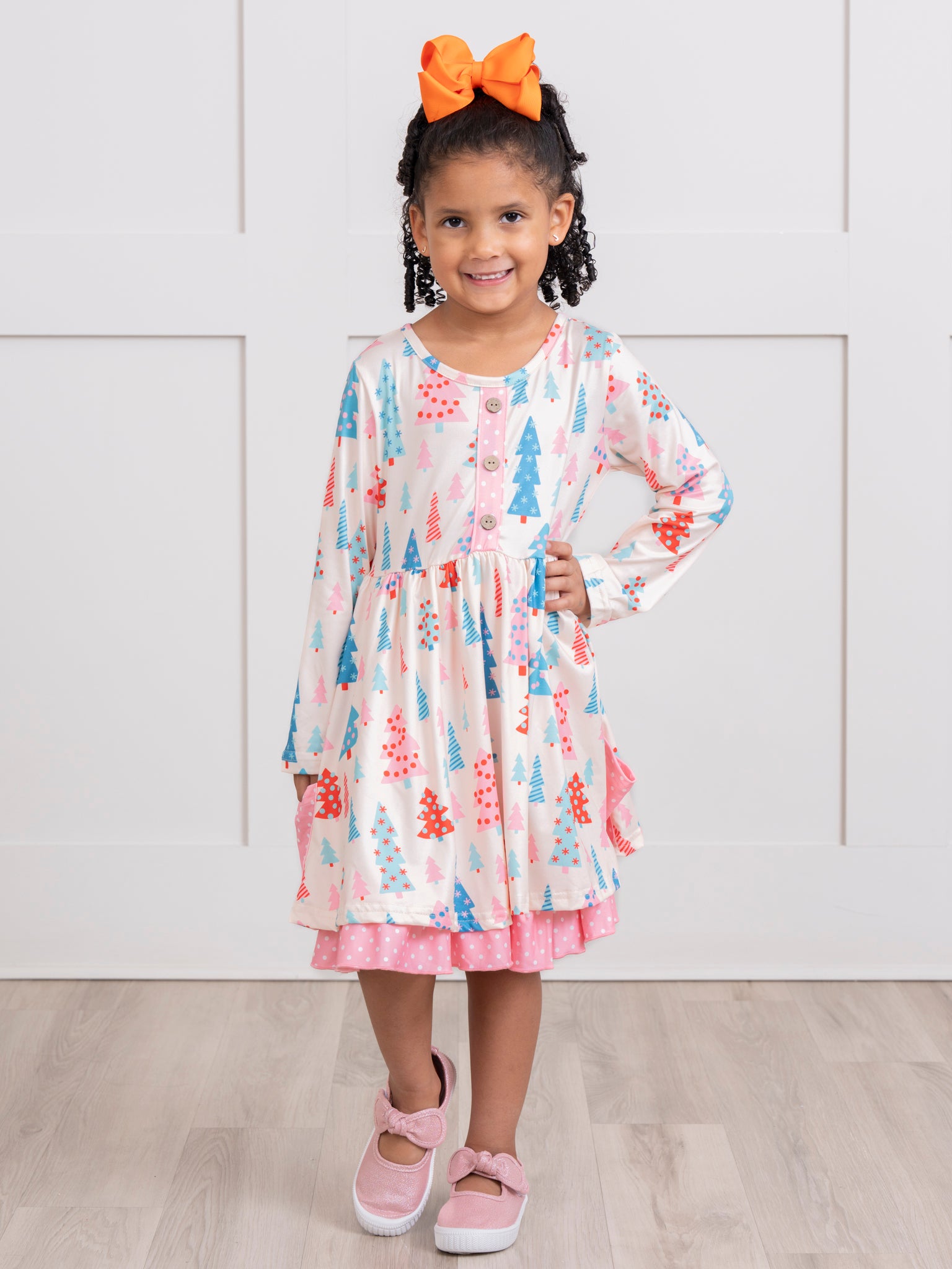 Pink Polka Dot Whimsical Trees Ruffle Dress - Marie Nicole Clothing