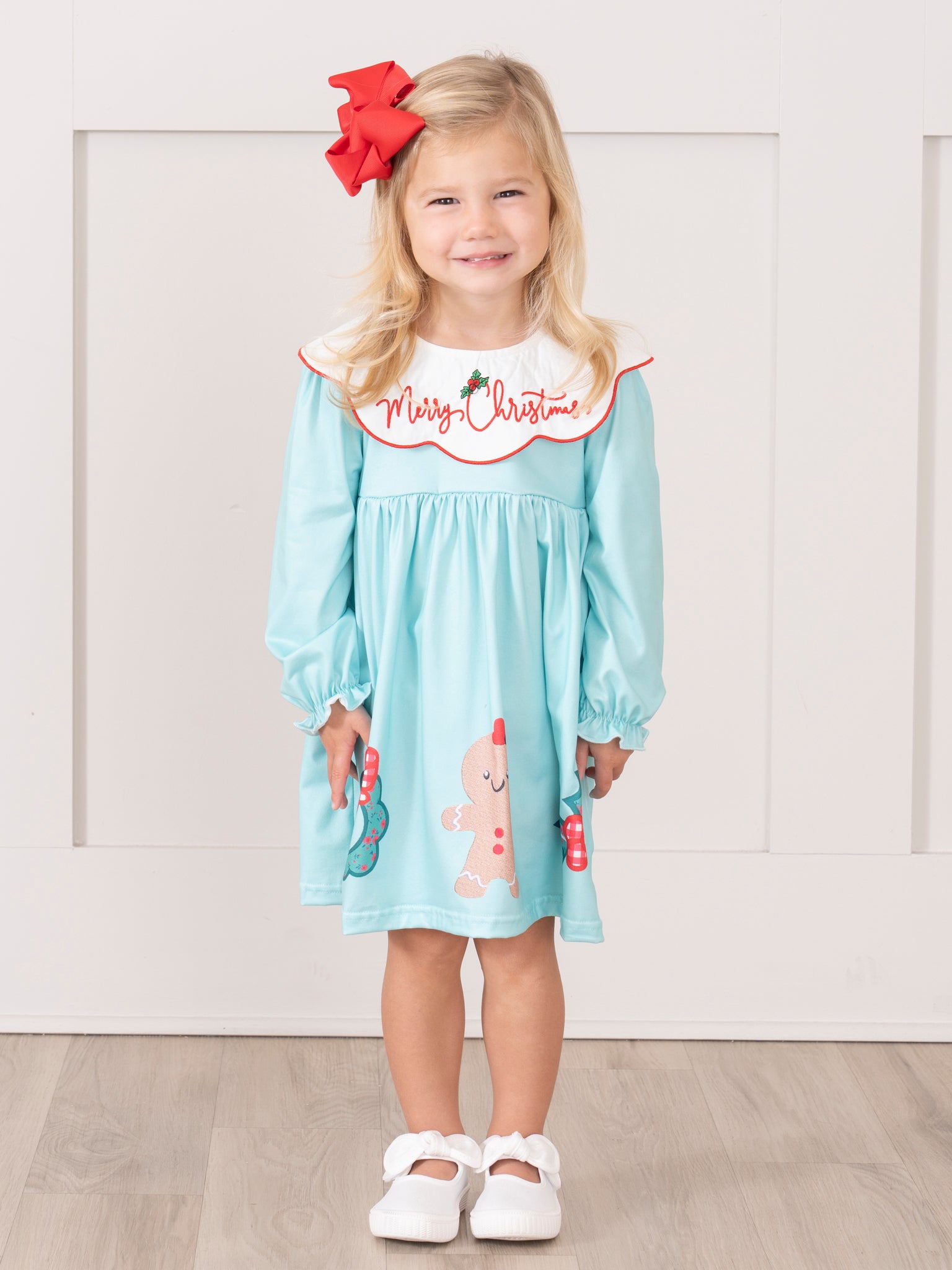 Teal & Red Gingham "Merry Christmas" Dress - Marie Nicole Clothing