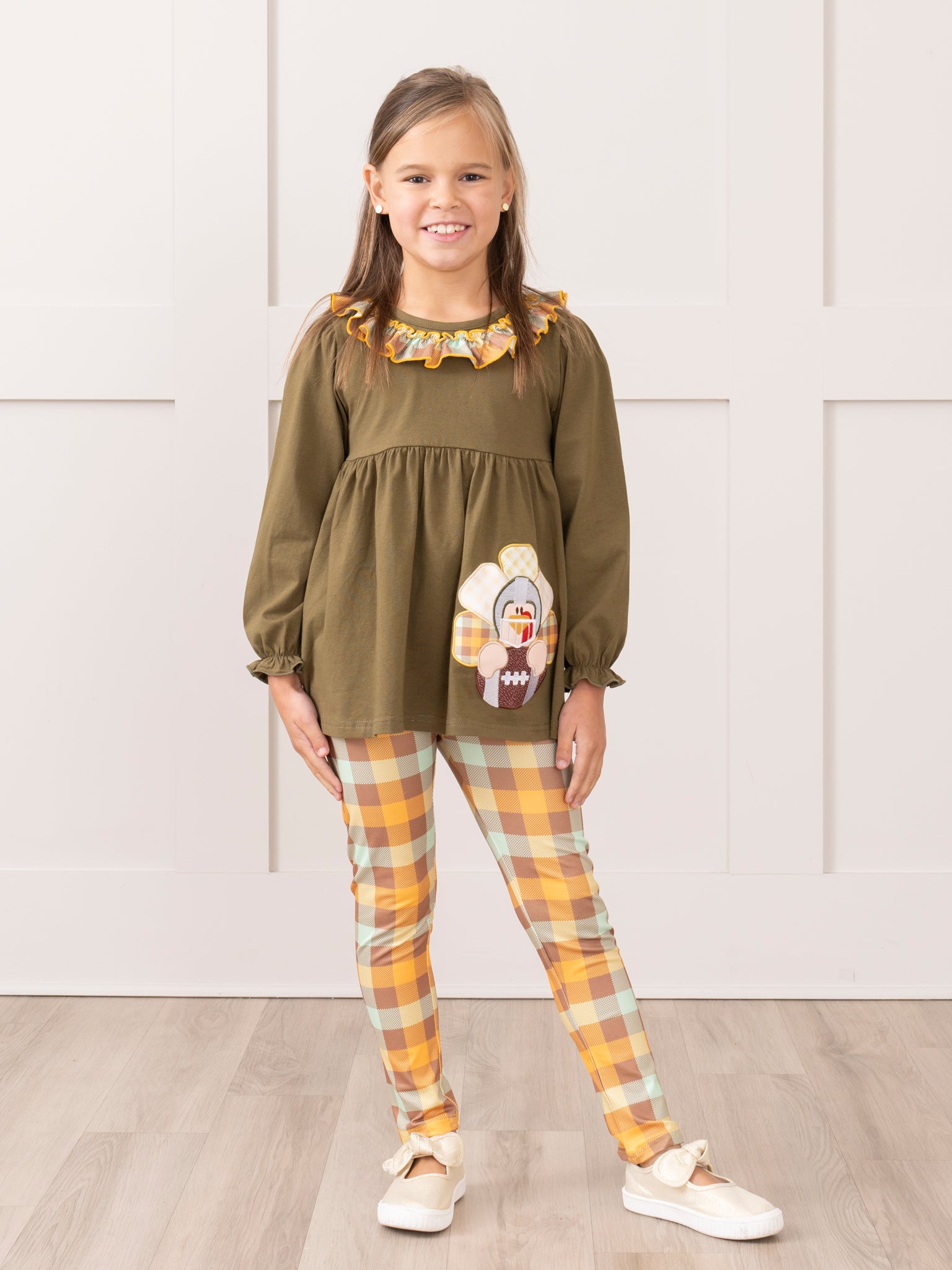 Olive Embroidered Turkey Ruffle Outfit - Marie Nicole Clothing