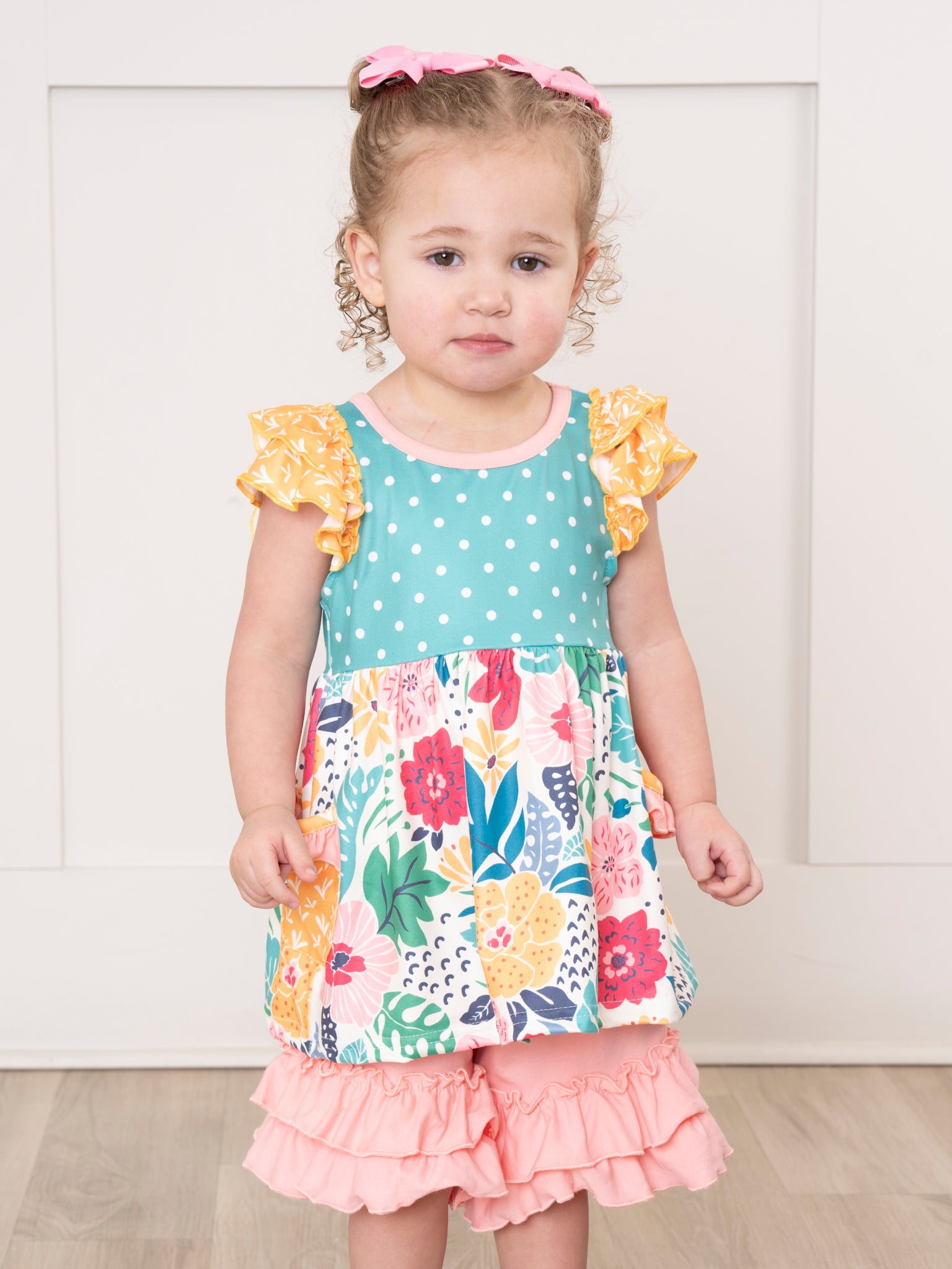 Wildflowers & Teal Dots Ruffle Shorts Outfit - Marie Nicole Clothing