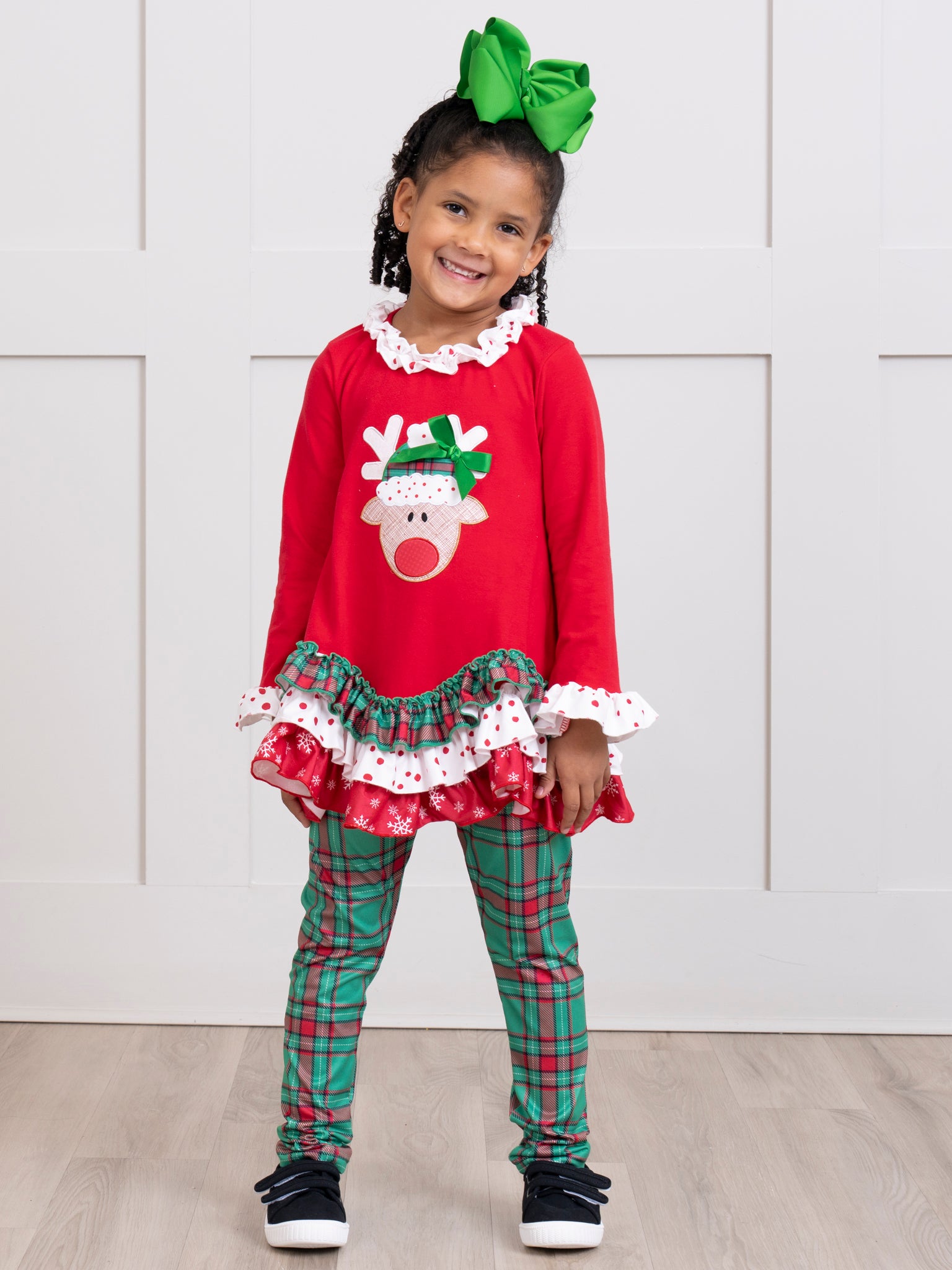 Red & Green Embroidered Reindeer Ruffle Outfit - Marie Nicole Clothing