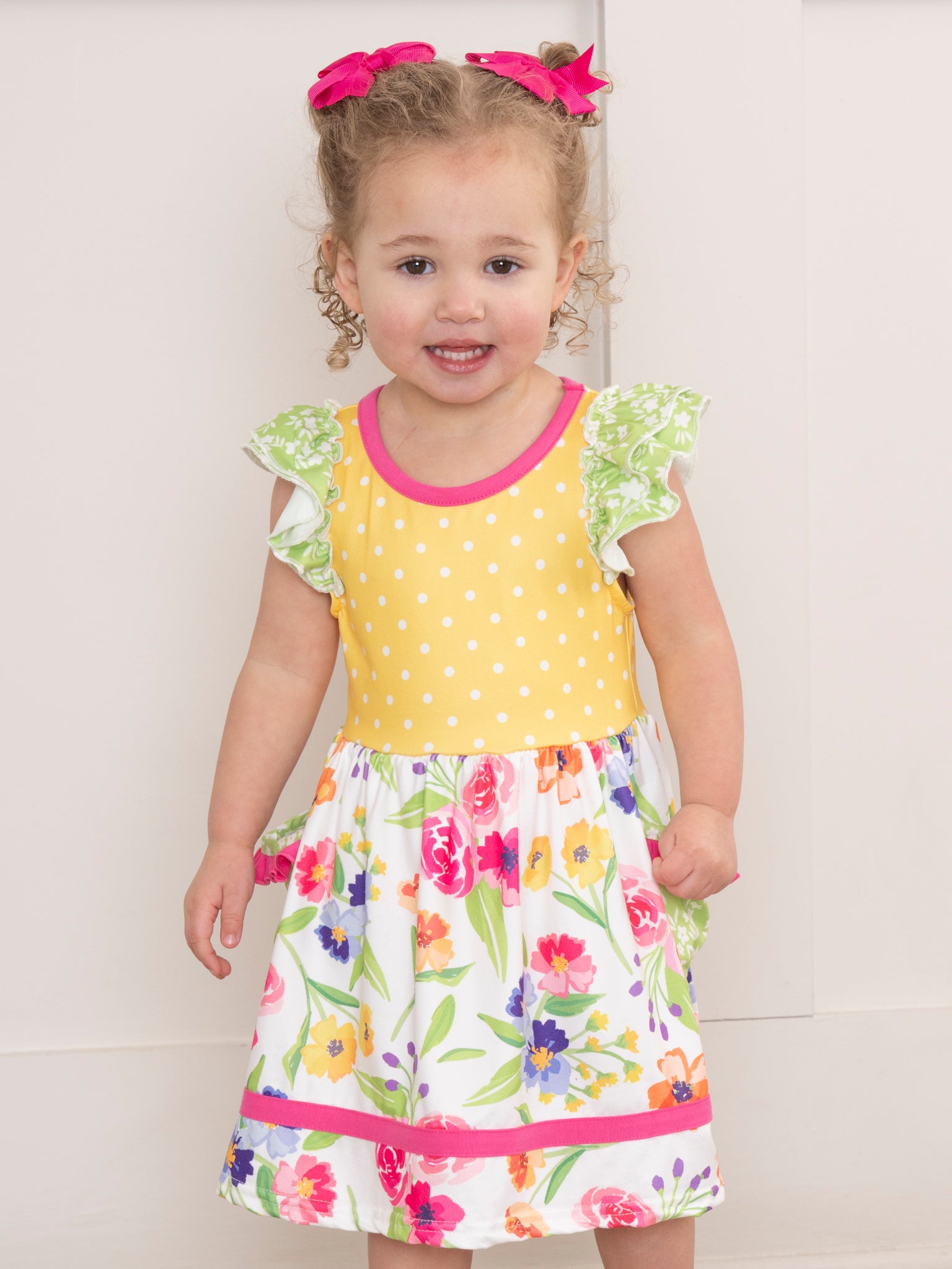 Wildflowers & Yellow Dots Ruffle Dress - Marie Nicole Clothing