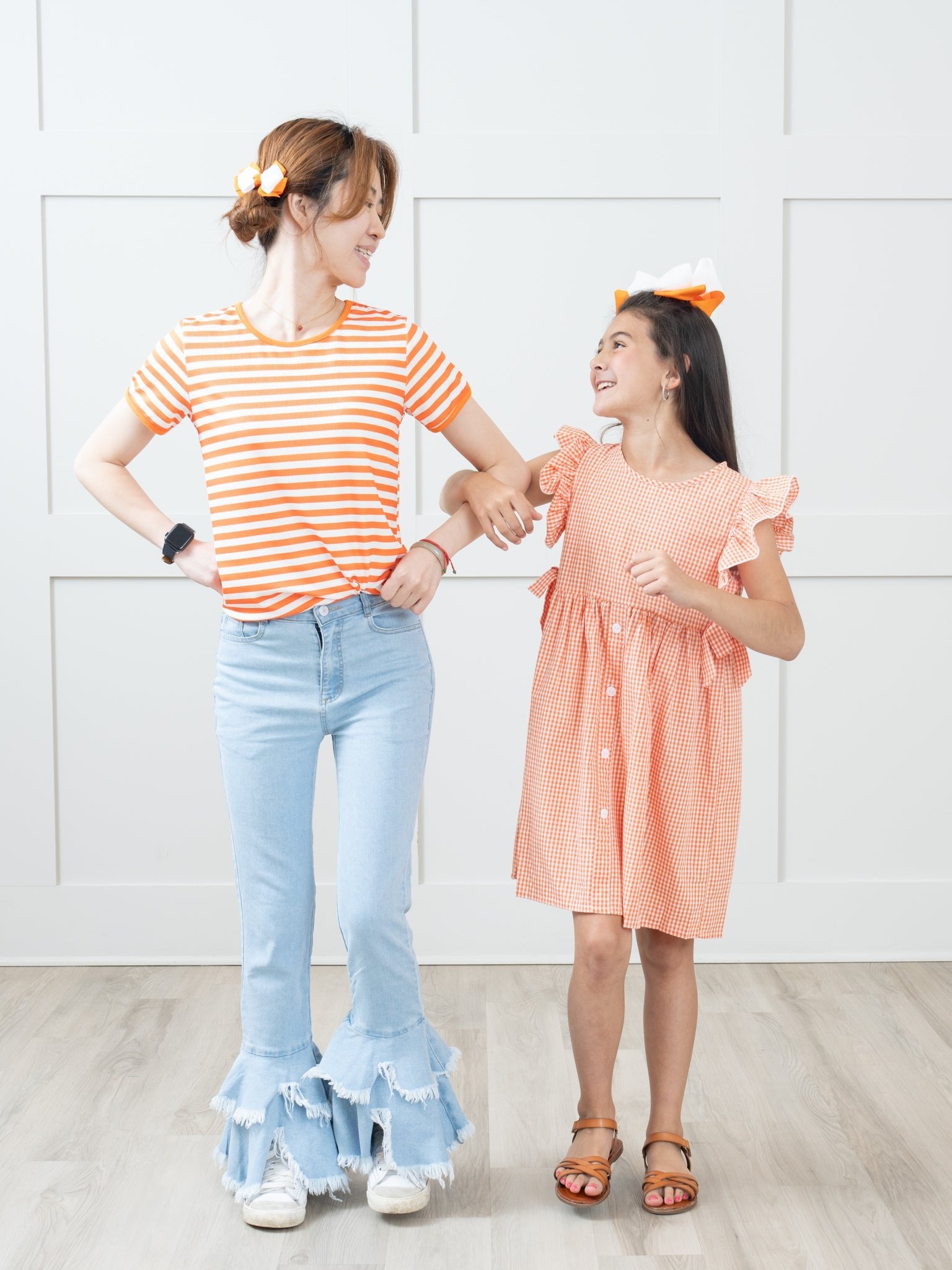 Orange & White Gingham Ruffle Bow Dress - Marie Nicole Clothing