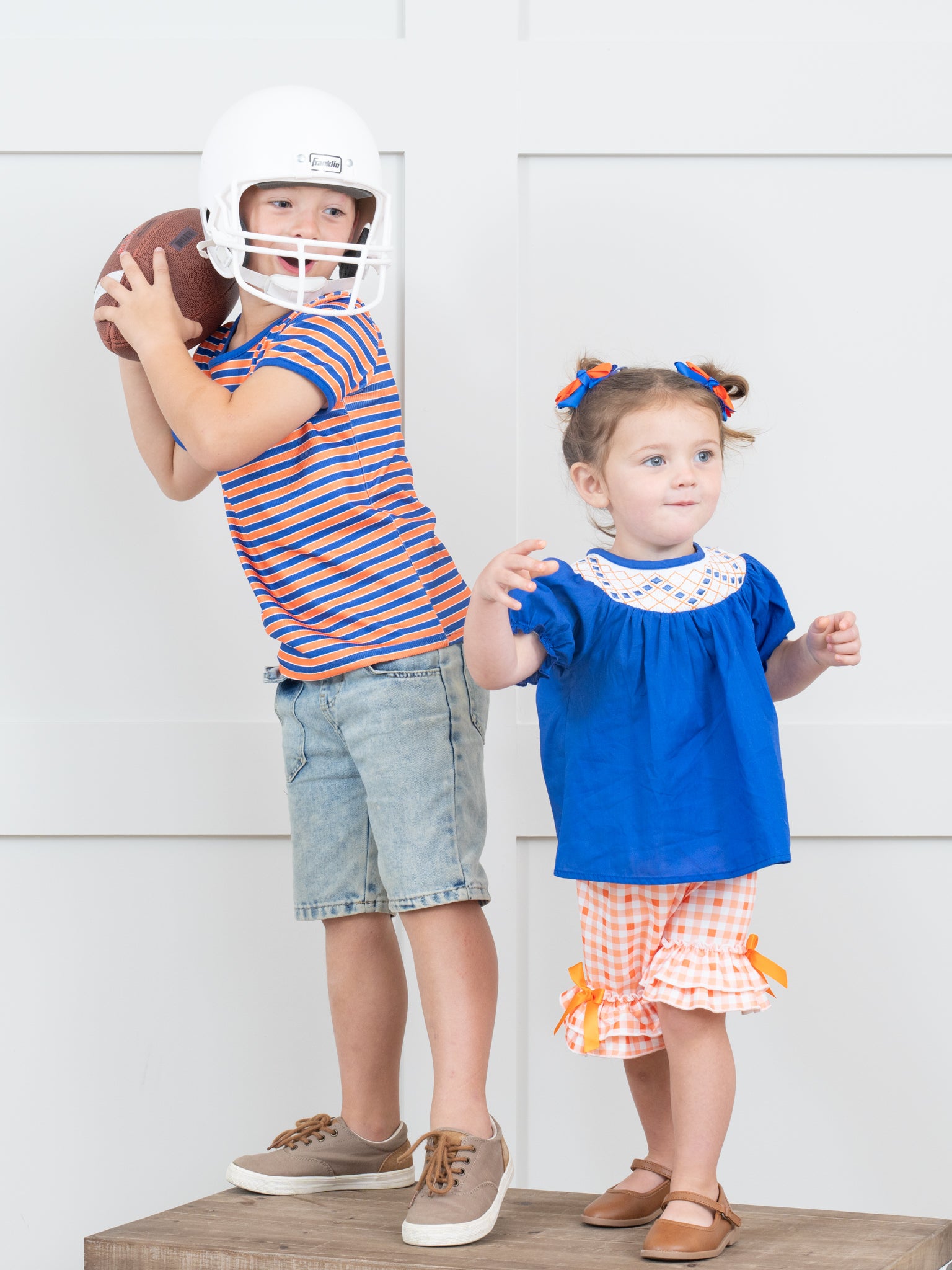 Blue & Orange Smocked Gingham Ruffle Outfit - Marie Nicole Clothing