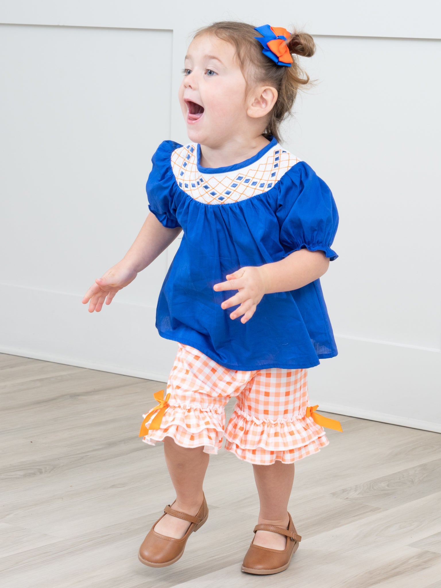 Blue & Orange Smocked Gingham Ruffle Outfit - Marie Nicole Clothing