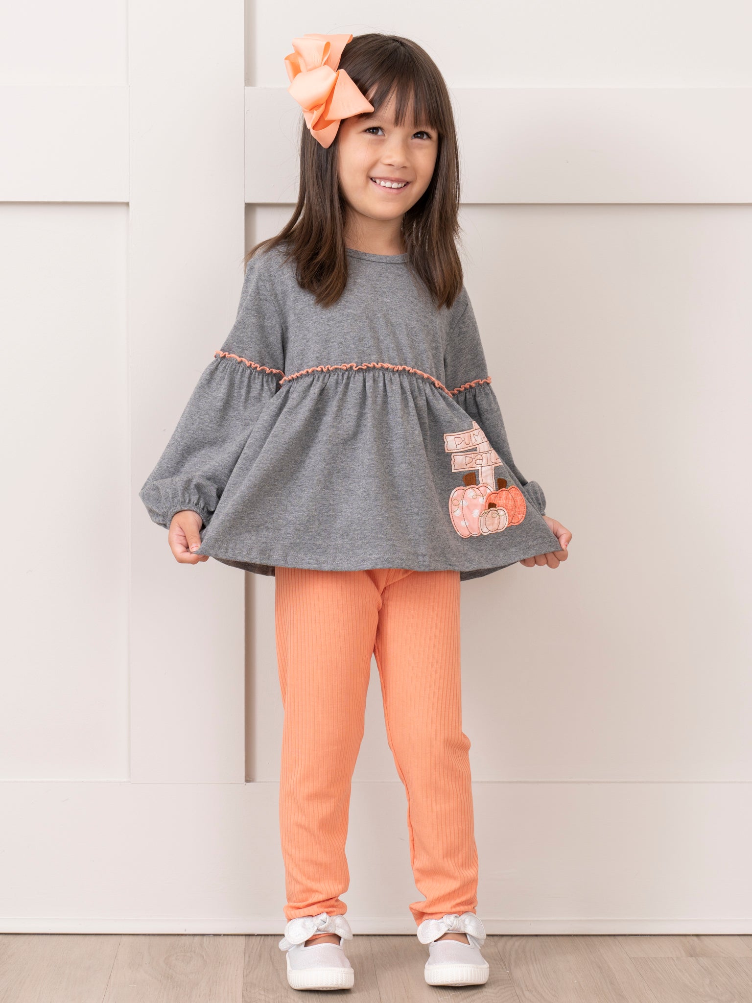 Orange & Grey Pumpkin Patch Bubble Sleeve Outfit - Marie Nicole Clothing