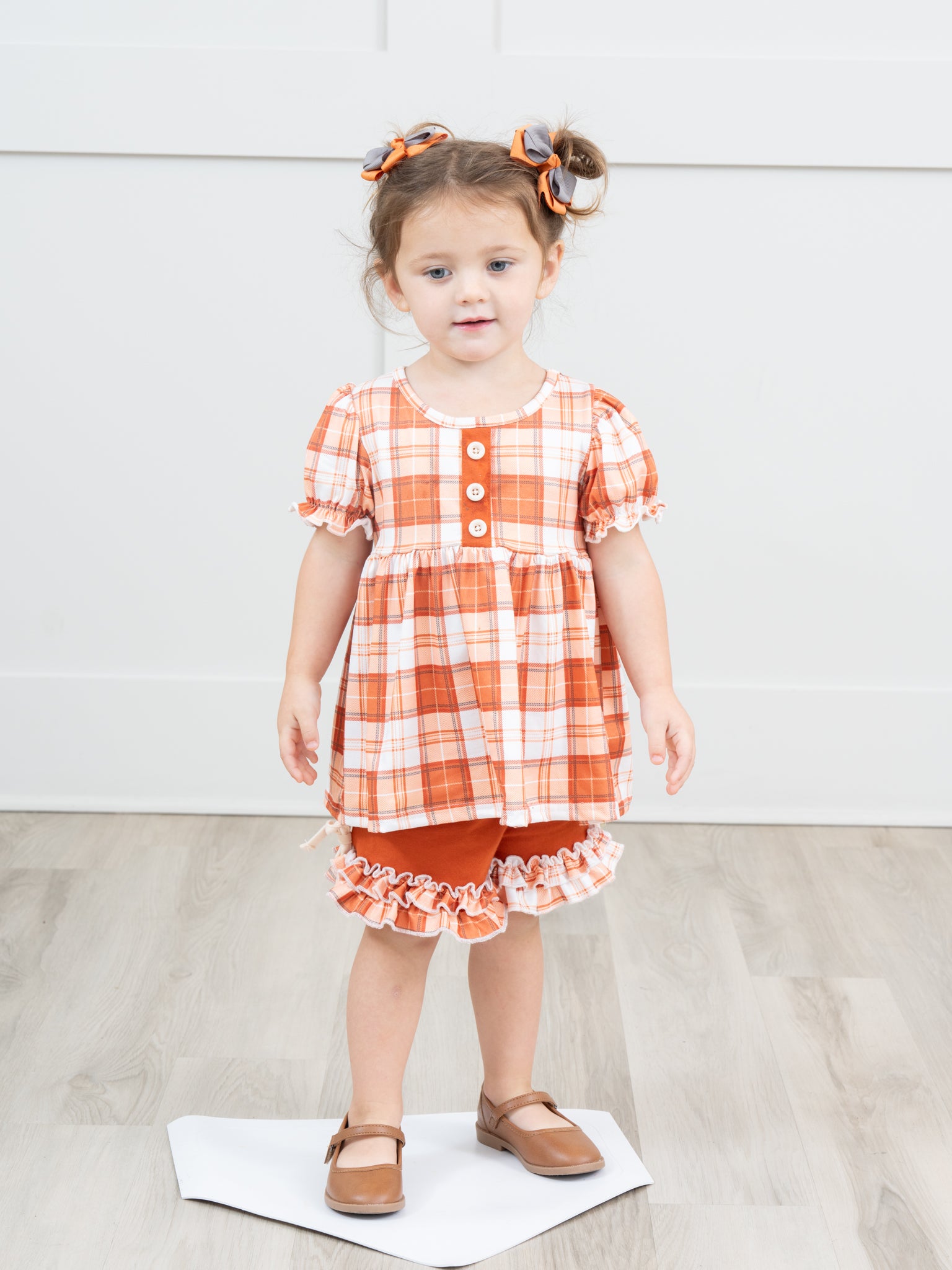 Burnt Orange Plaid Ruffle Outfit - Marie Nicole Clothing