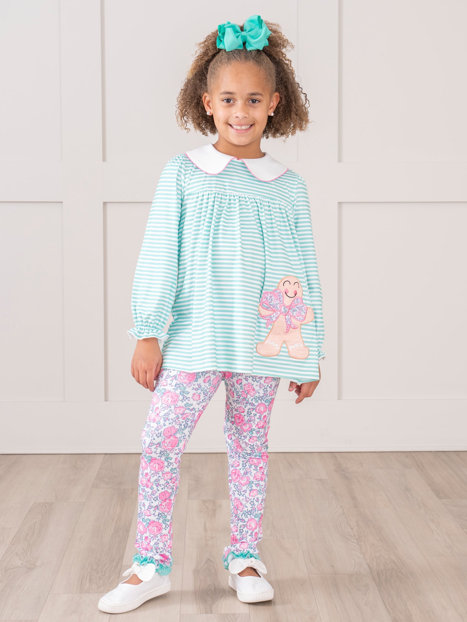Mint Embroidered Gingerbread Striped Outfit - Marie Nicole Clothing