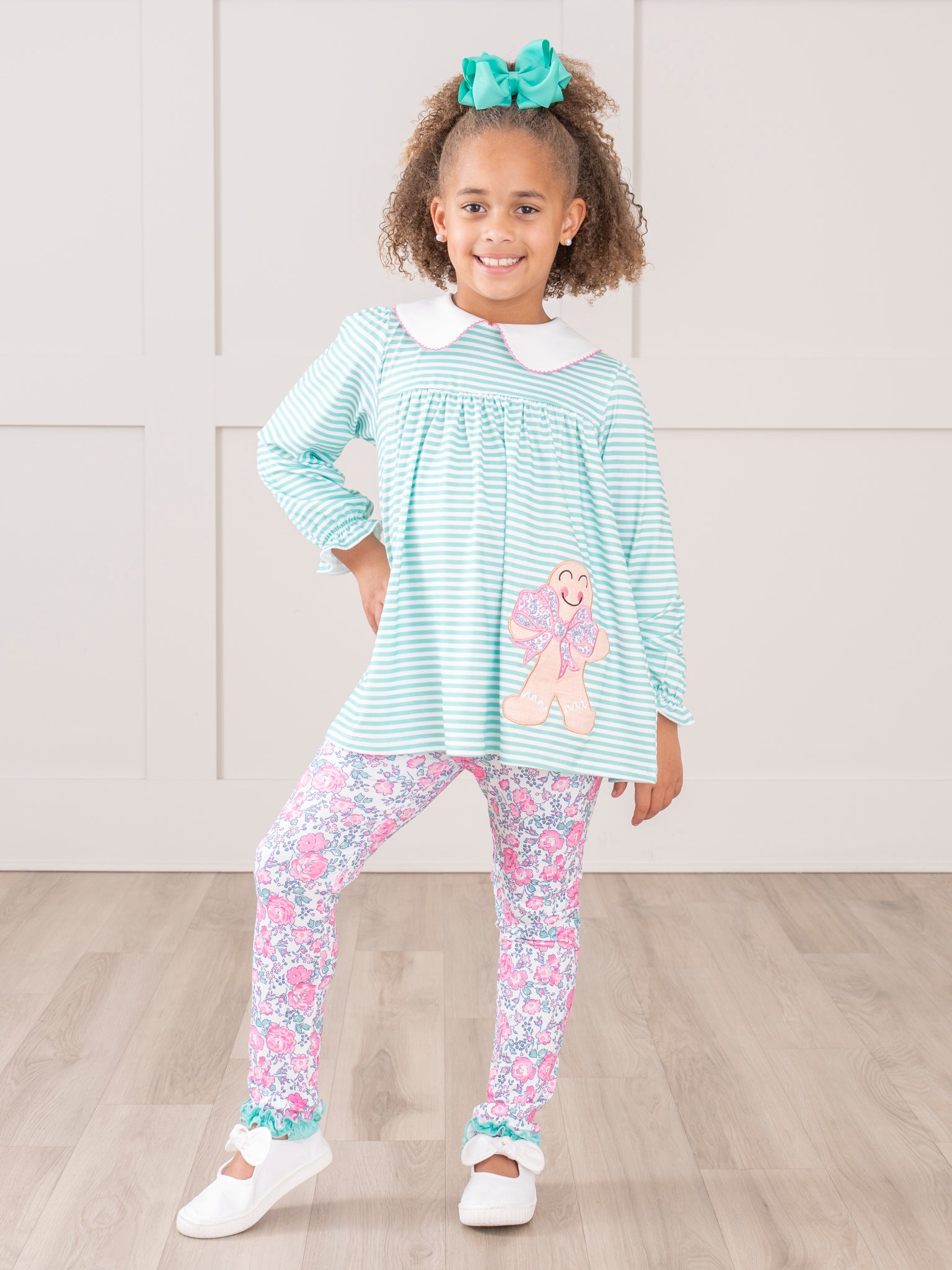 Mint Embroidered Gingerbread Striped Outfit - Marie Nicole Clothing