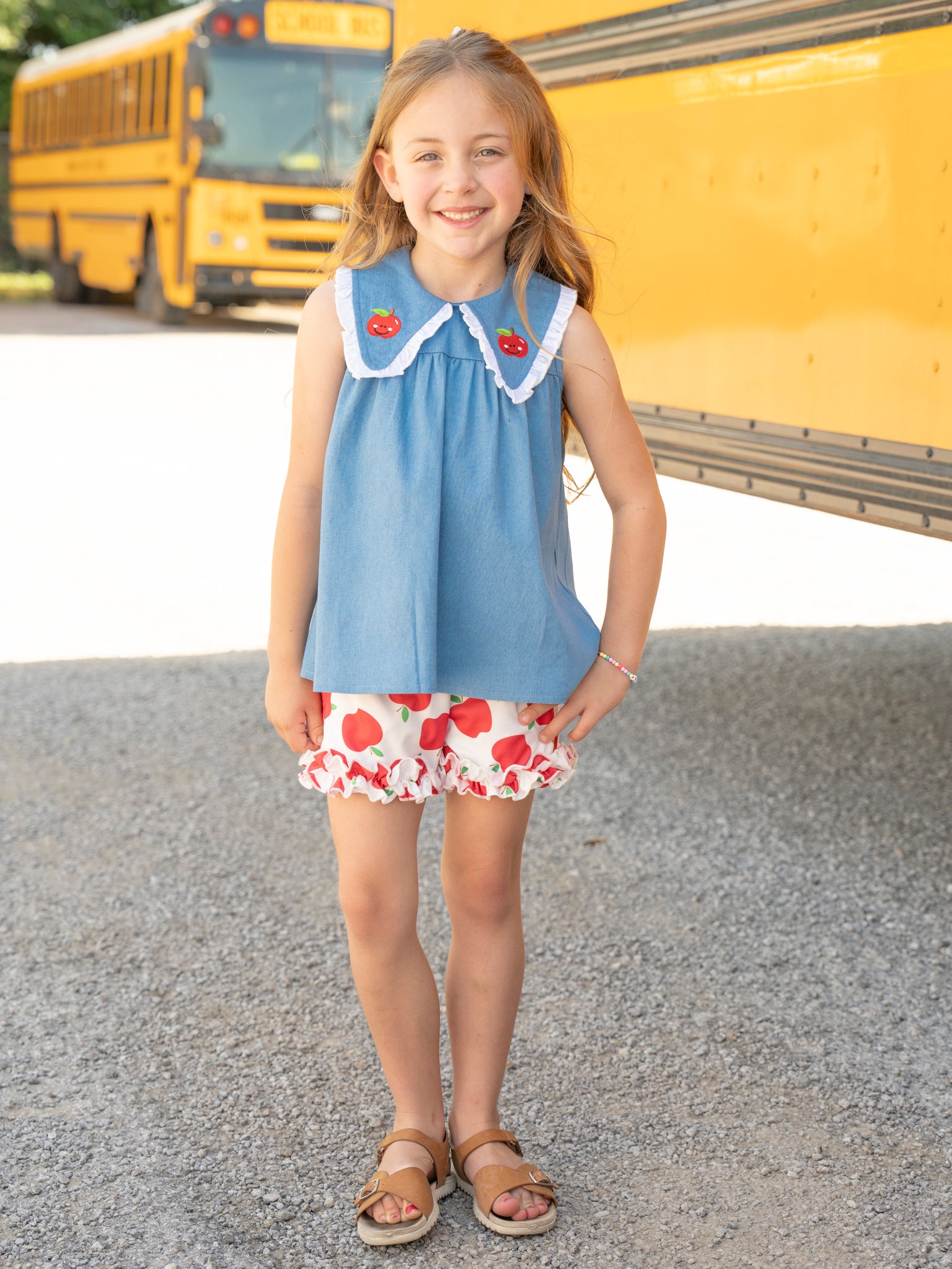 Embroidered Apples Chambray Ruffle Outfit - Marie Nicole Clothing