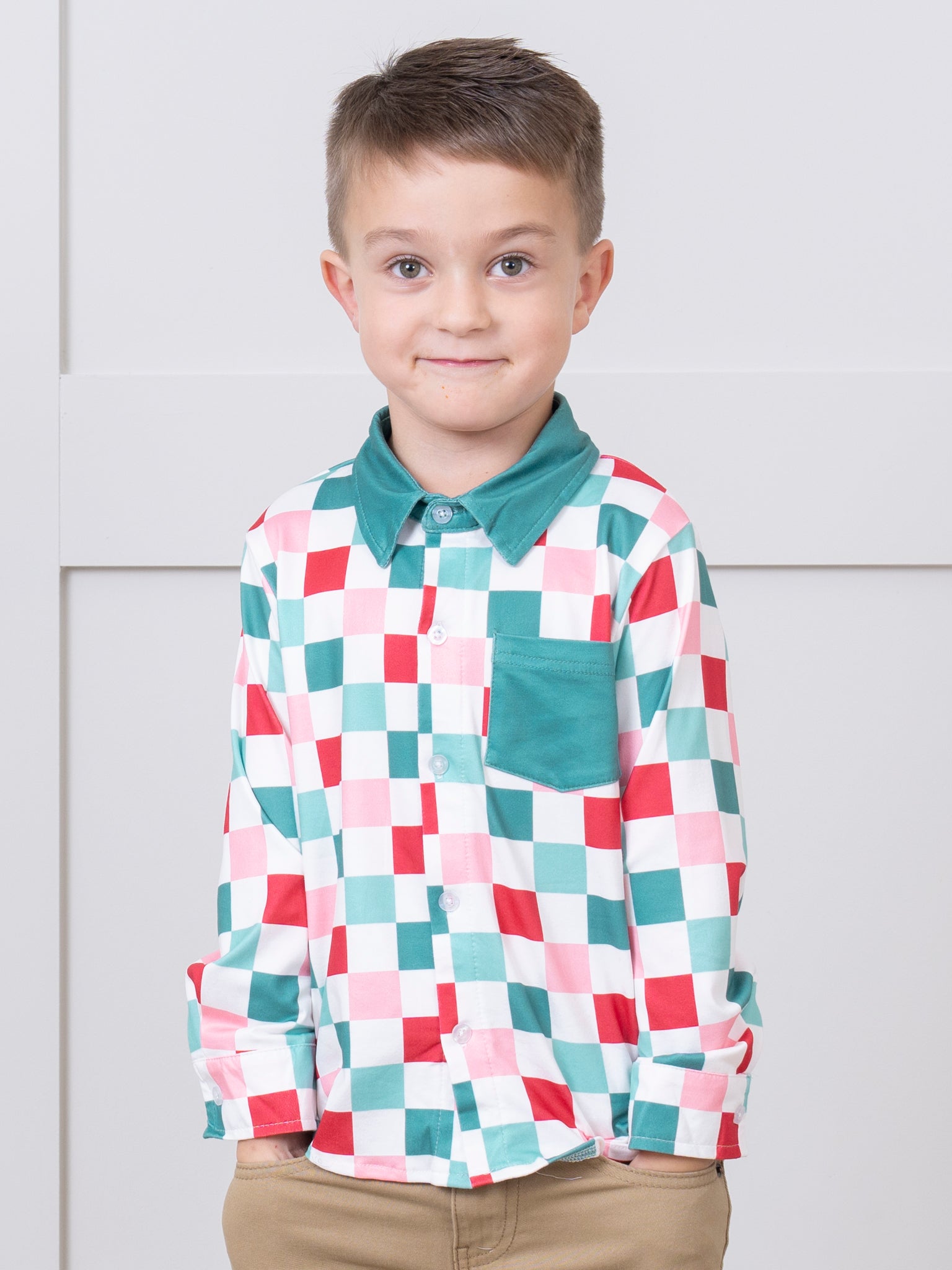 Red & Green Christmas Squares Pocket Shirt - Marie Nicole Clothing