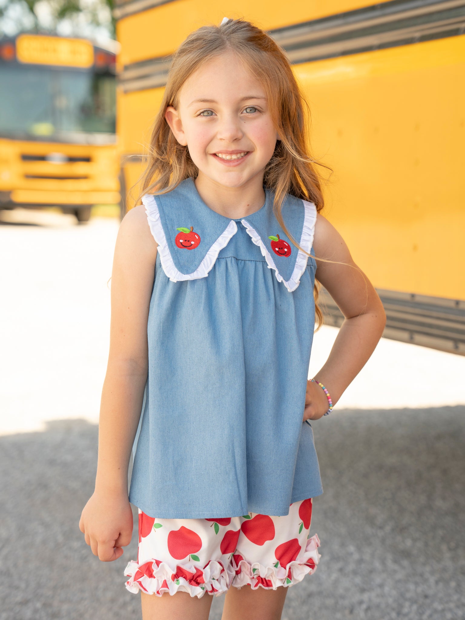Embroidered Apples Chambray Ruffle Outfit - Marie Nicole Clothing