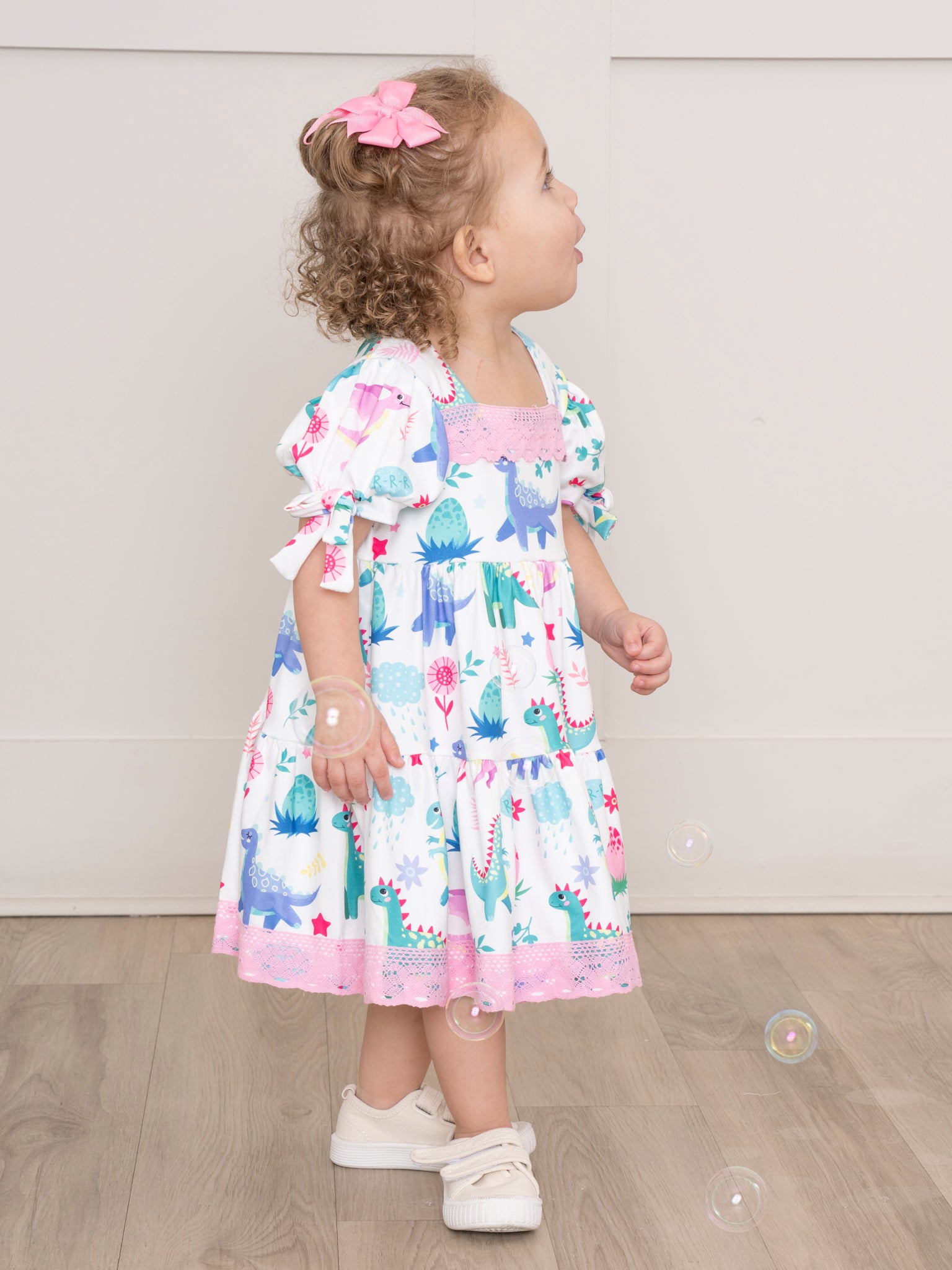 Pink Lace Watercolor Dinosaur Ruffle Dress - Marie Nicole Clothing