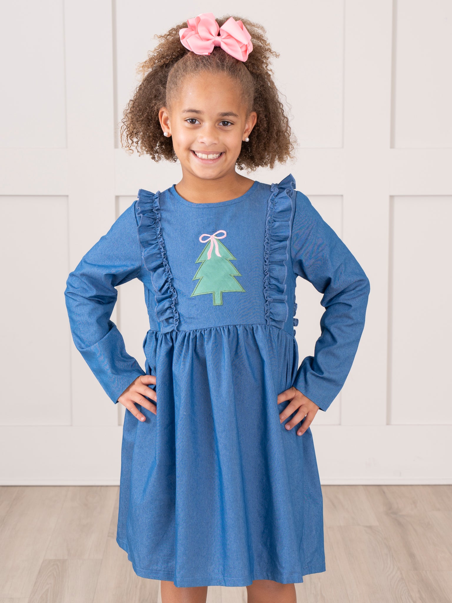 Chambray Embroidered Christmas Tree Ruffle Dress - Marie Nicole Clothing