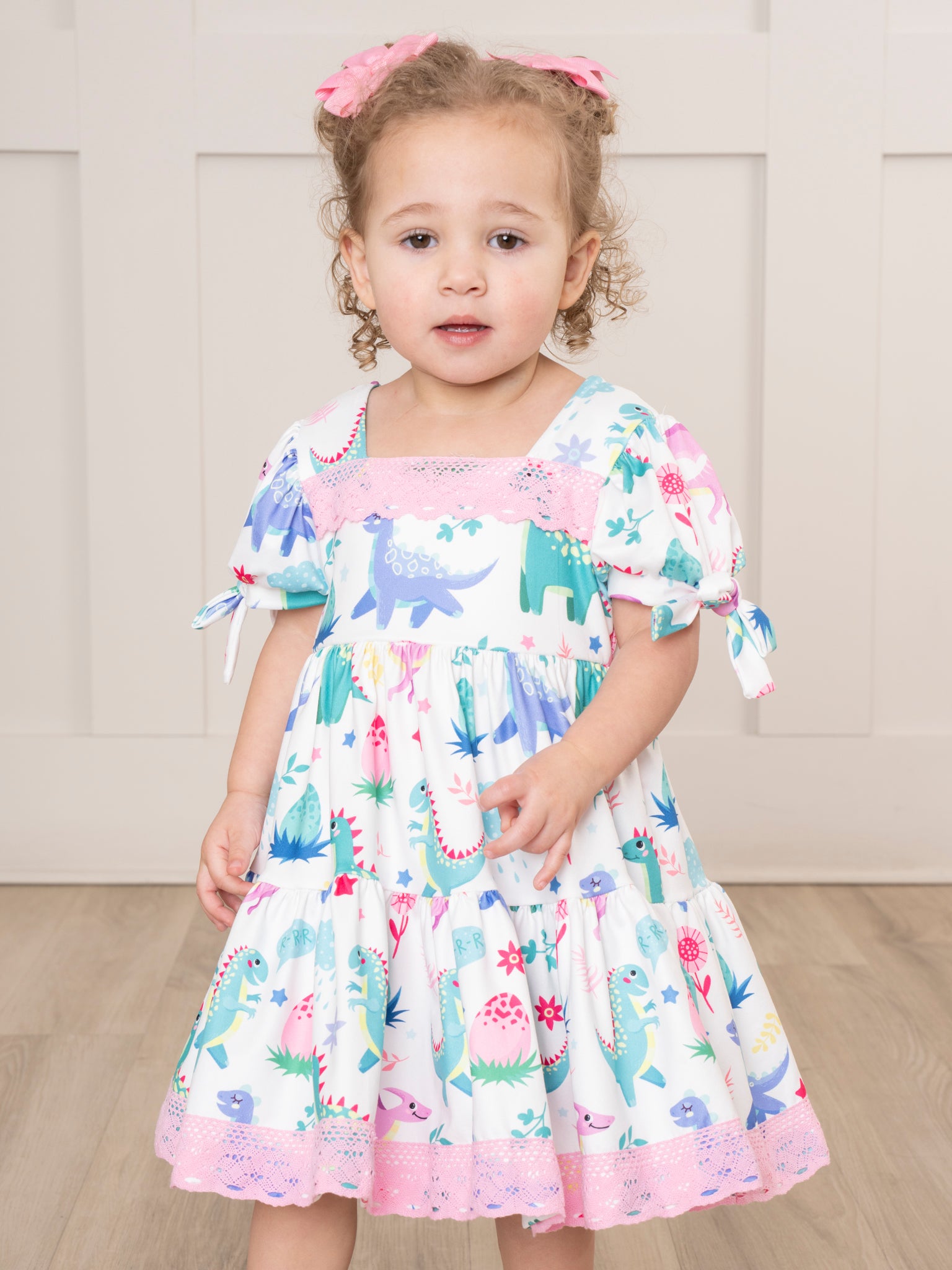 Pink Lace Watercolor Dinosaur Ruffle Dress - Marie Nicole Clothing