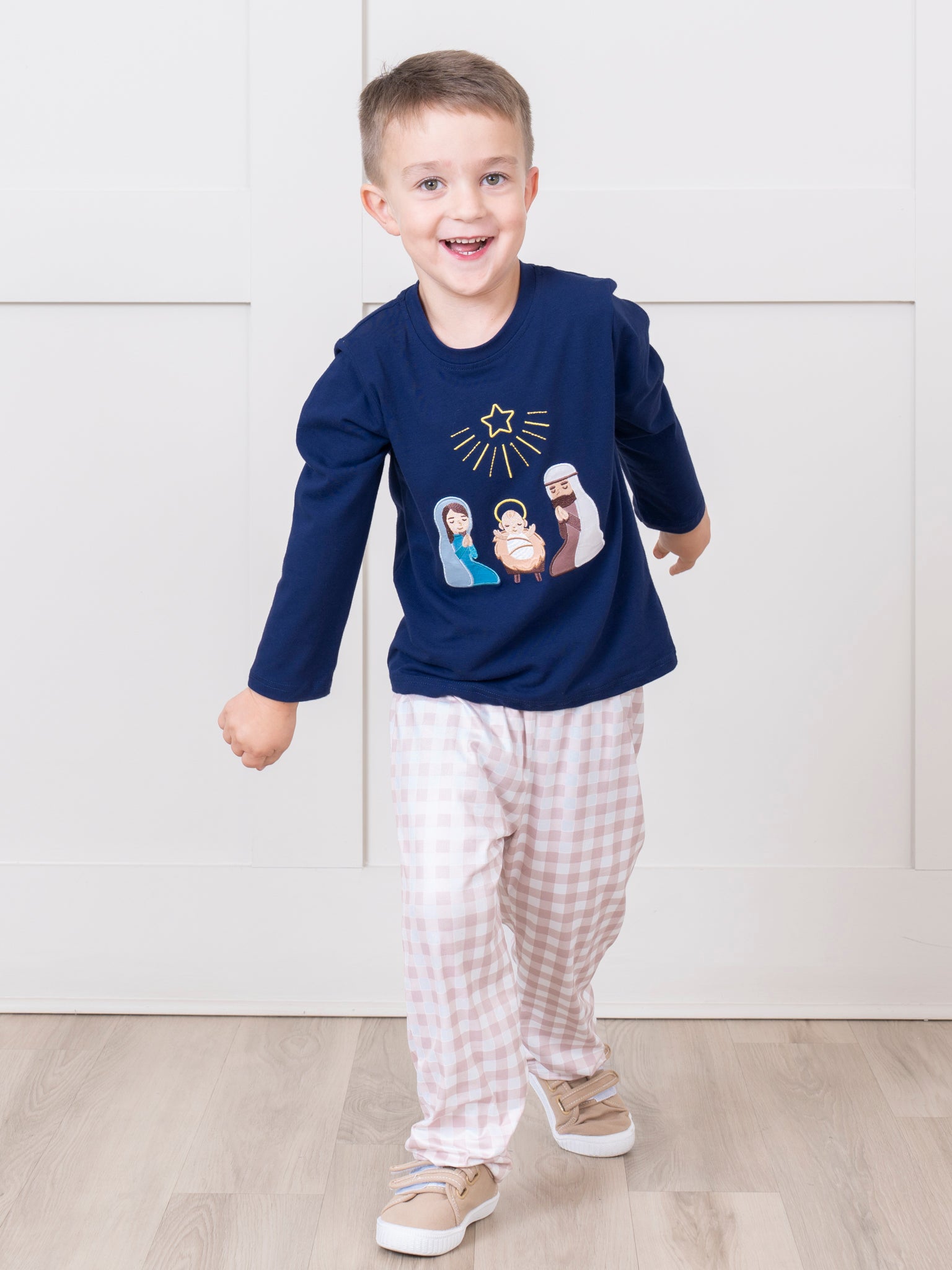 Midnight Blue & Tan Gingham Embroidered Nativity Outfit - Marie Nicole Clothing