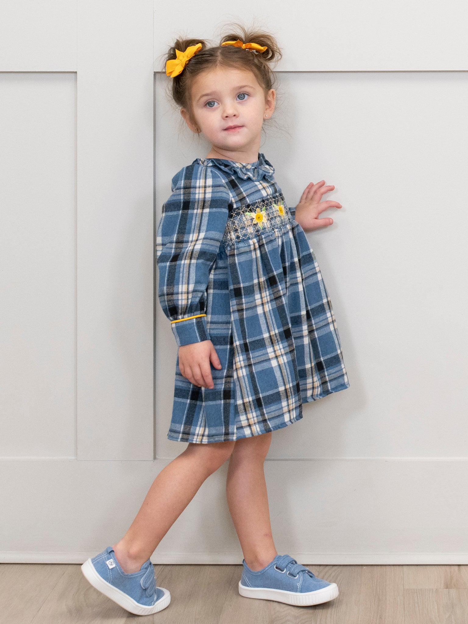 Blue Plaid Smocked Daisies Dress - Marie Nicole Clothing