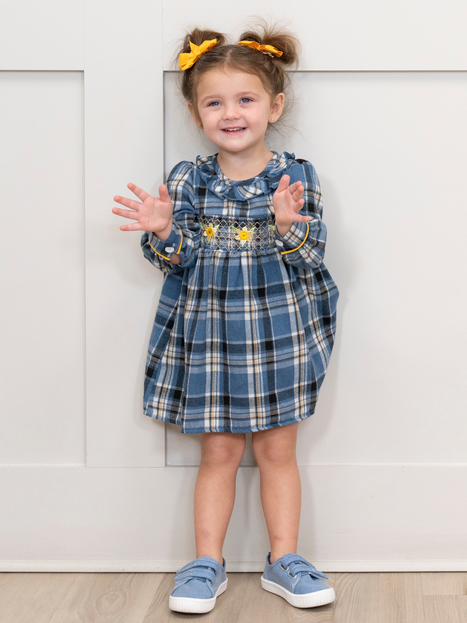 Blue Plaid Smocked Daisies Dress - Marie Nicole Clothing