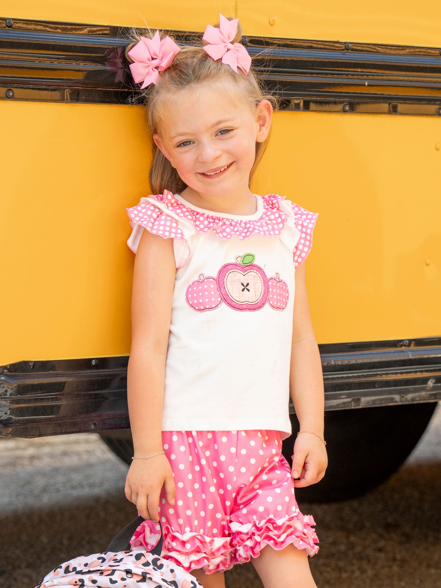 Pink Polka Dot Apple Ruffle Outfit - Marie Nicole Clothing