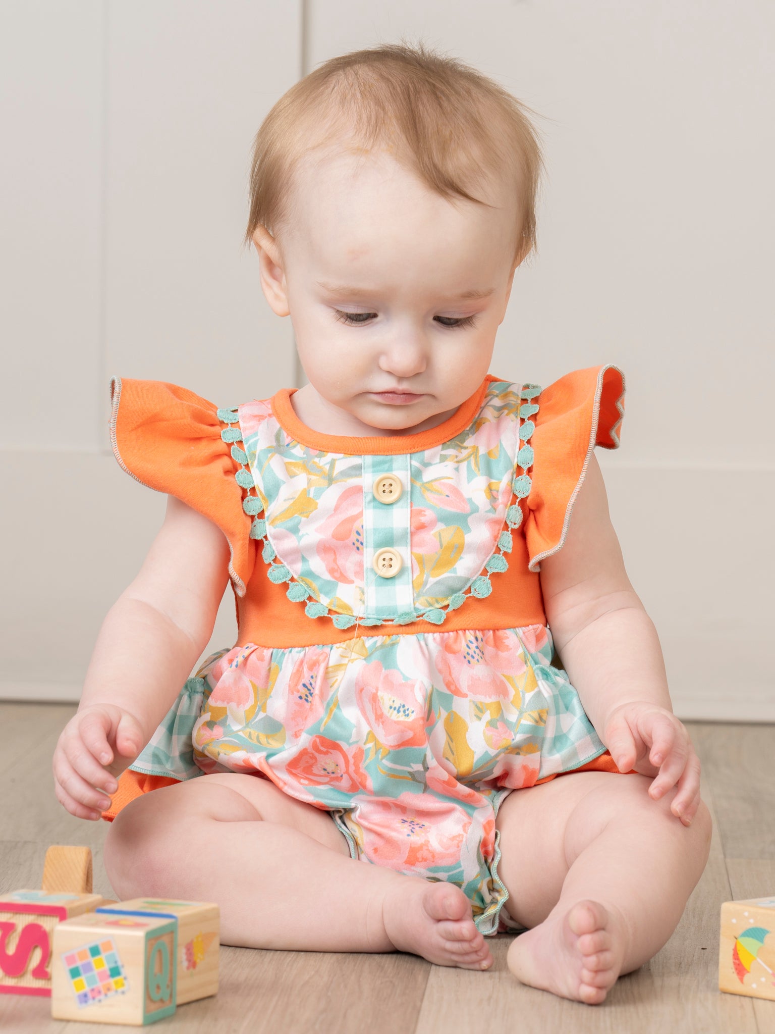 Teal & Orange Watercolor Florals Ruffle Bubble Romper - Marie Nicole Clothing