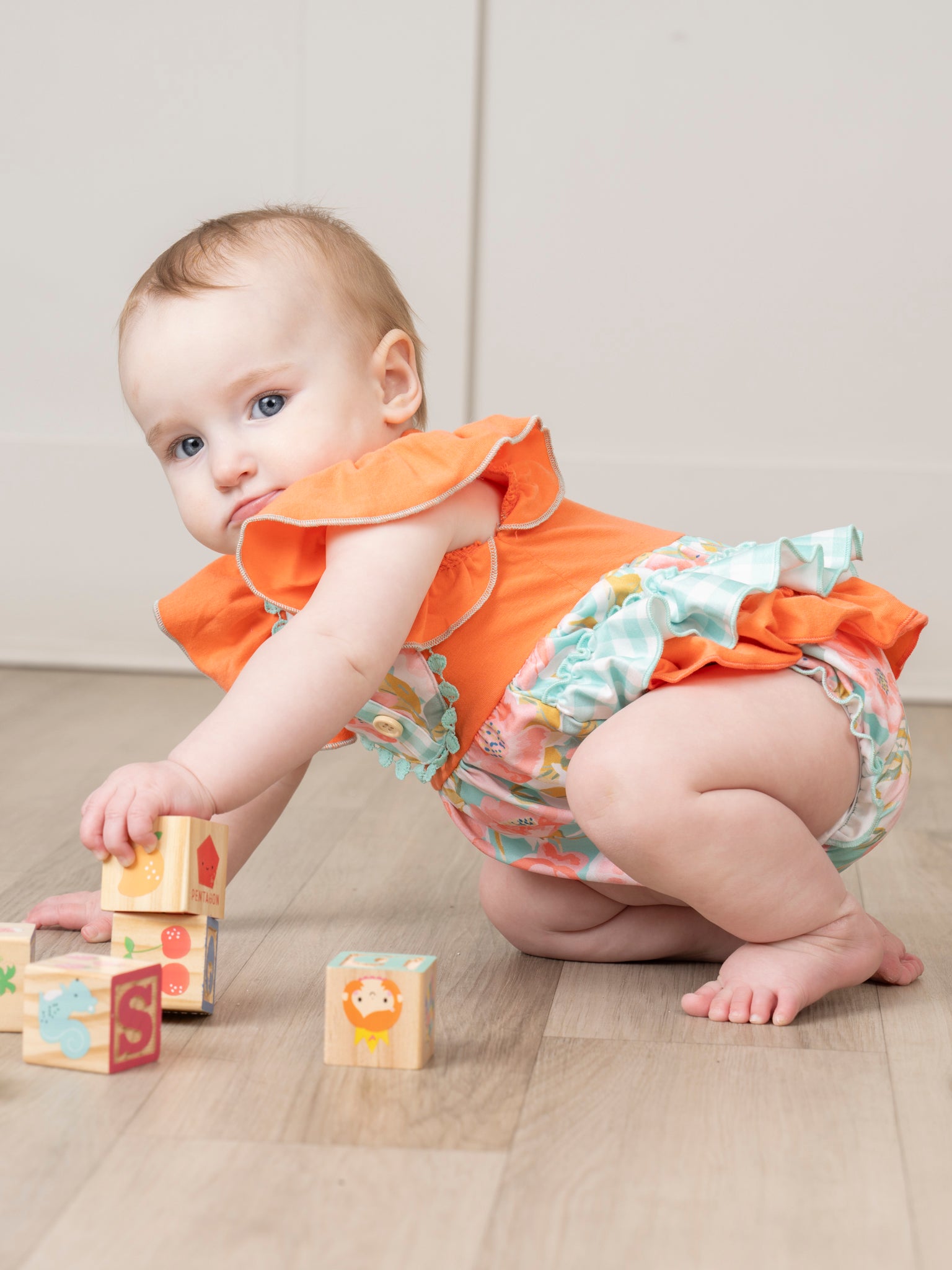 Teal & Orange Watercolor Florals Ruffle Bubble Romper - Marie Nicole Clothing