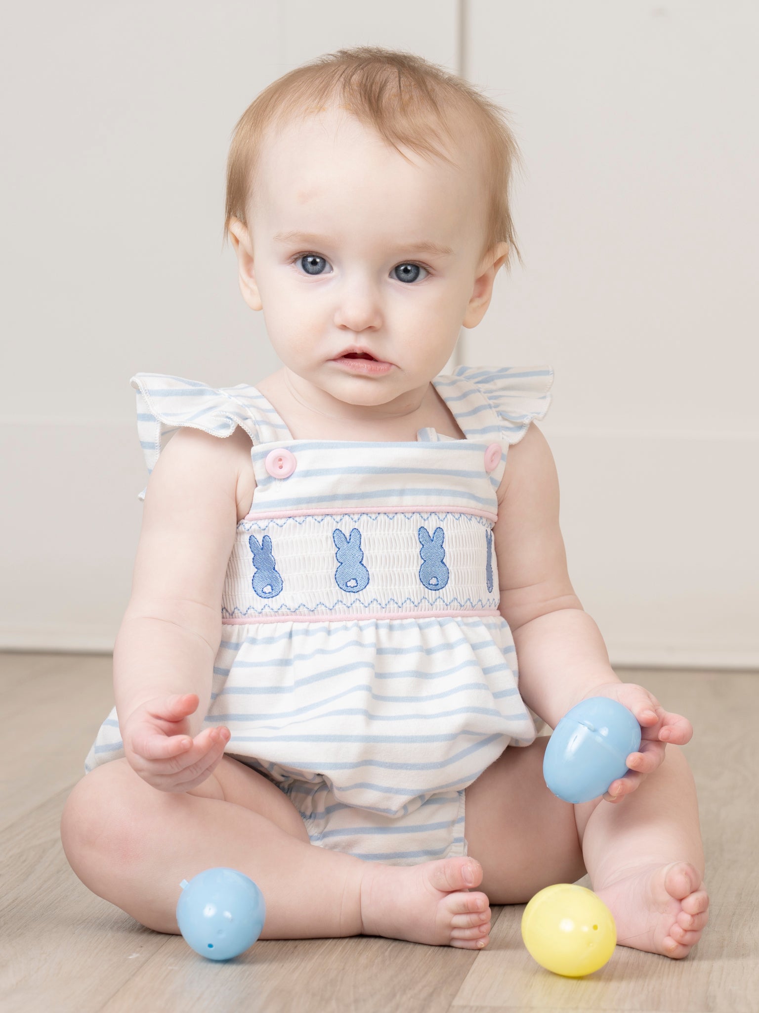 Blue Striped Smocked Bunnies Ruffle Bubble Romper - Marie Nicole Clothing