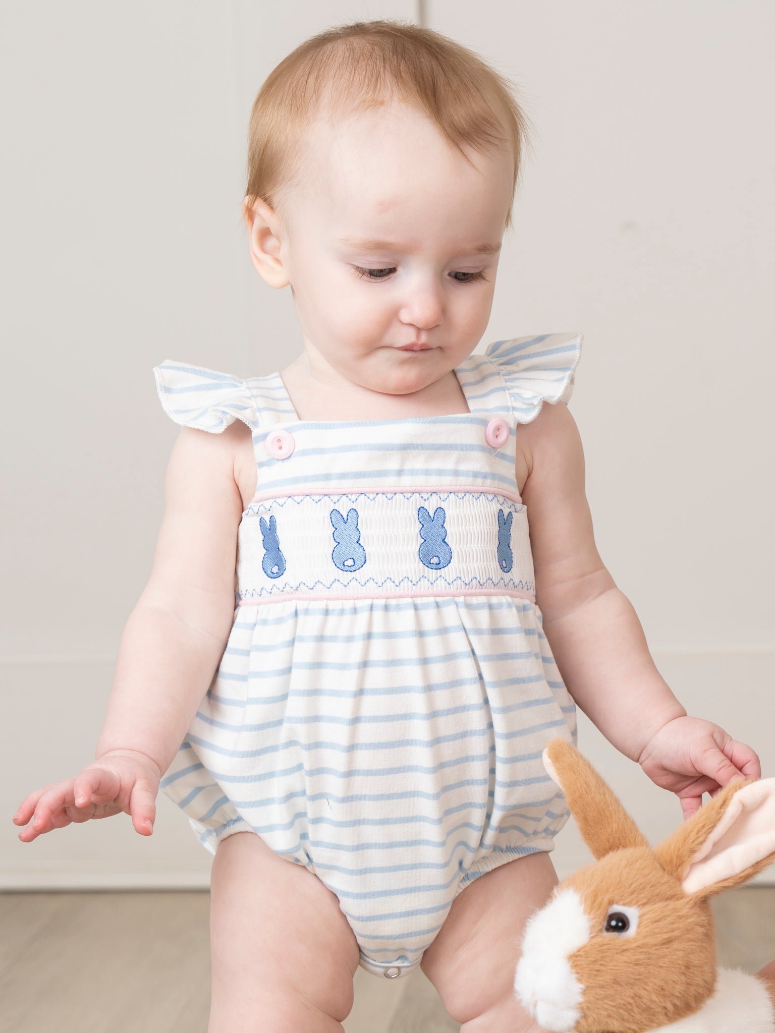 Blue Striped Smocked Bunnies Ruffle Bubble Romper - Marie Nicole Clothing