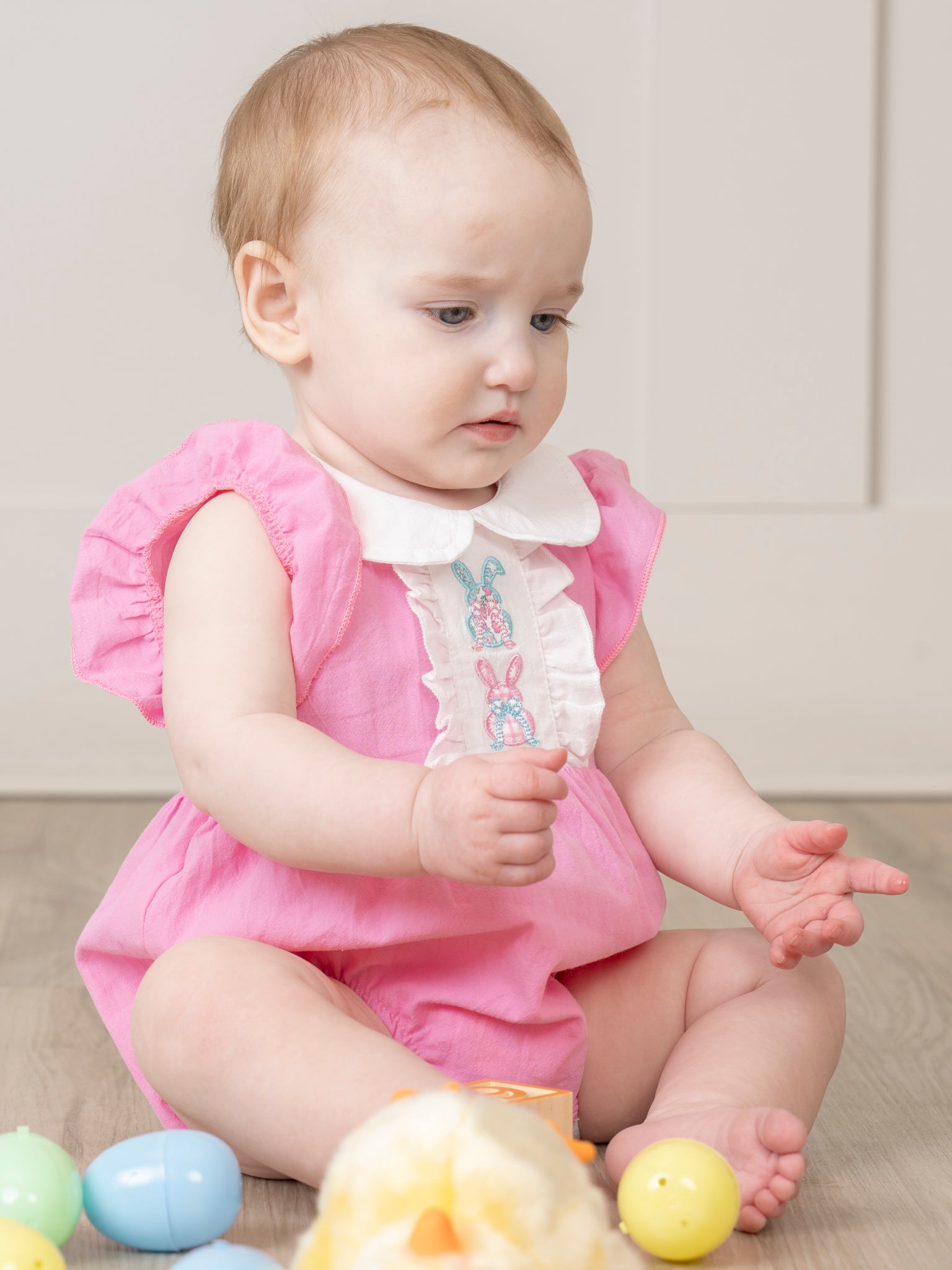 Bright Pink Embroidered Bunnies Ruffle Bubble Romper - Marie Nicole Clothing