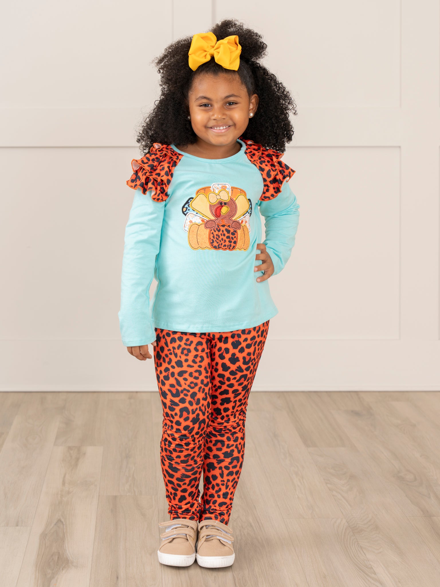 Aqua & Leopard Embroidered Turkey Ruffle Outfit - Marie Nicole Clothing