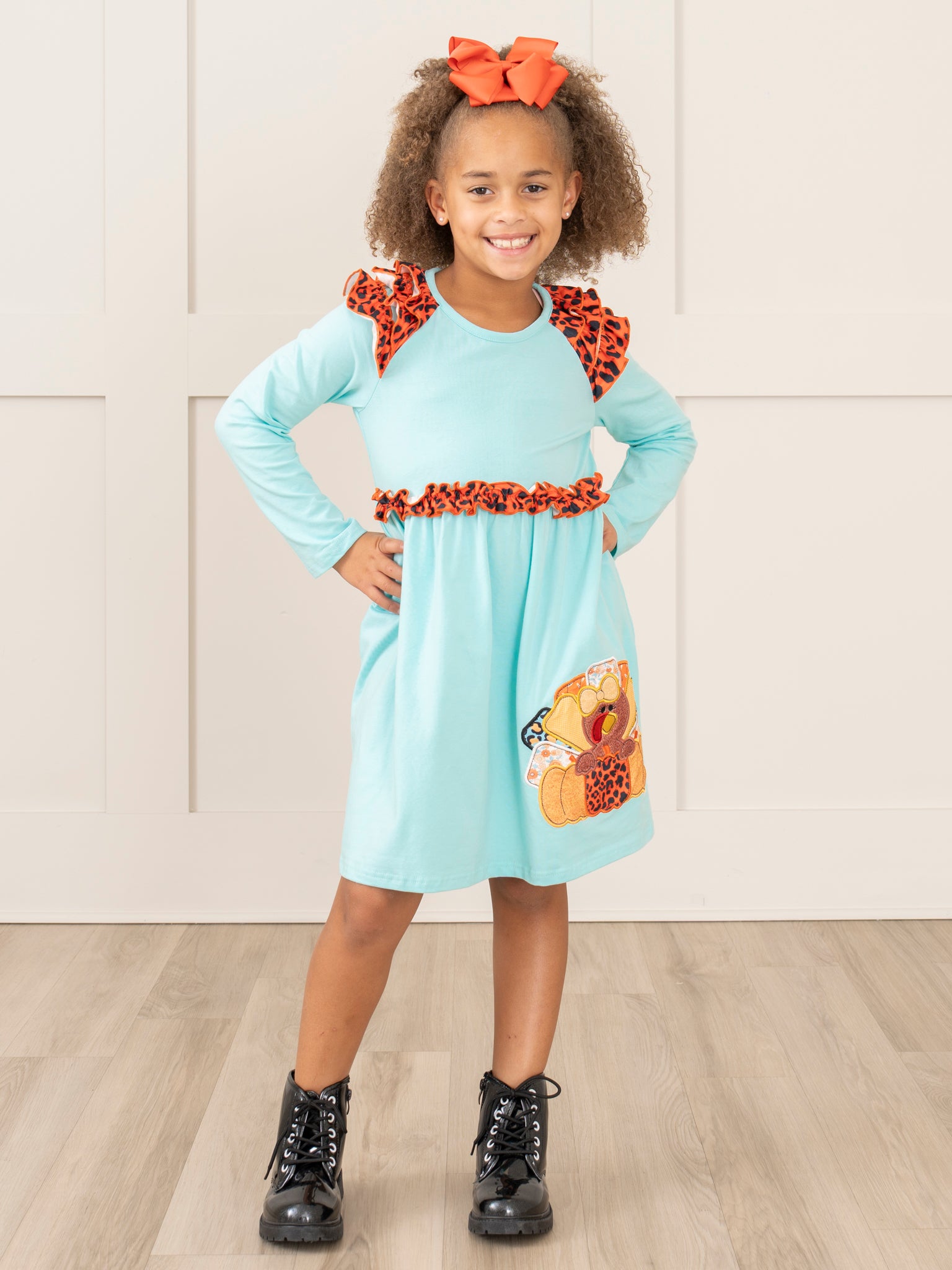 Aqua & Leopard Embroidered Turkey Ruffle Dress - Marie Nicole Clothing
