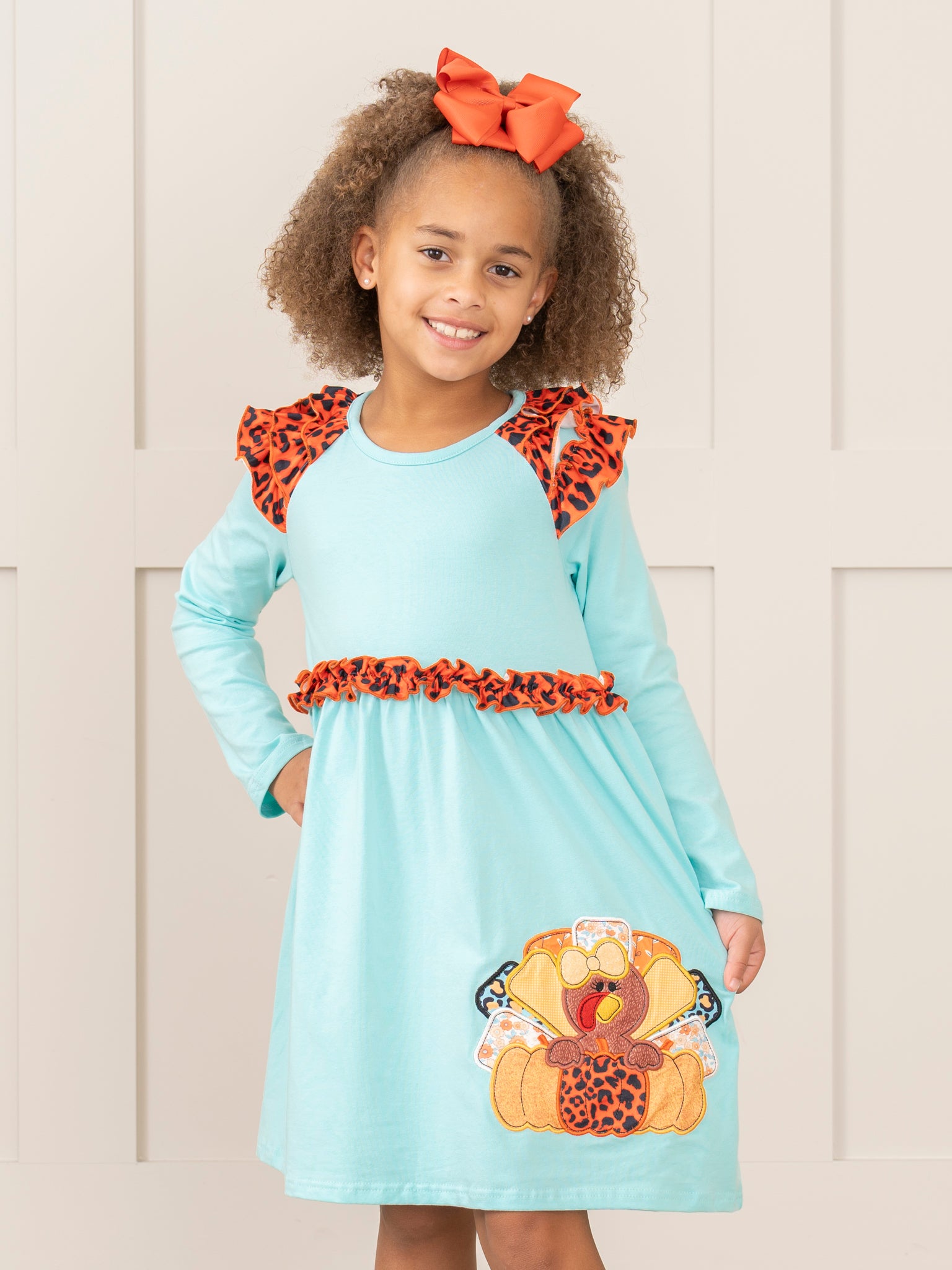 Aqua & Leopard Embroidered Turkey Ruffle Dress - Marie Nicole Clothing